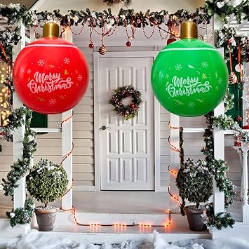 2 Pieces 25 Inch Giant PVC Inflatable Christmas Decorated Ball Ornaments Outdoor Large Xmas Blow Ball Decorations for Christmas Themed Party OrnamentsRed Green