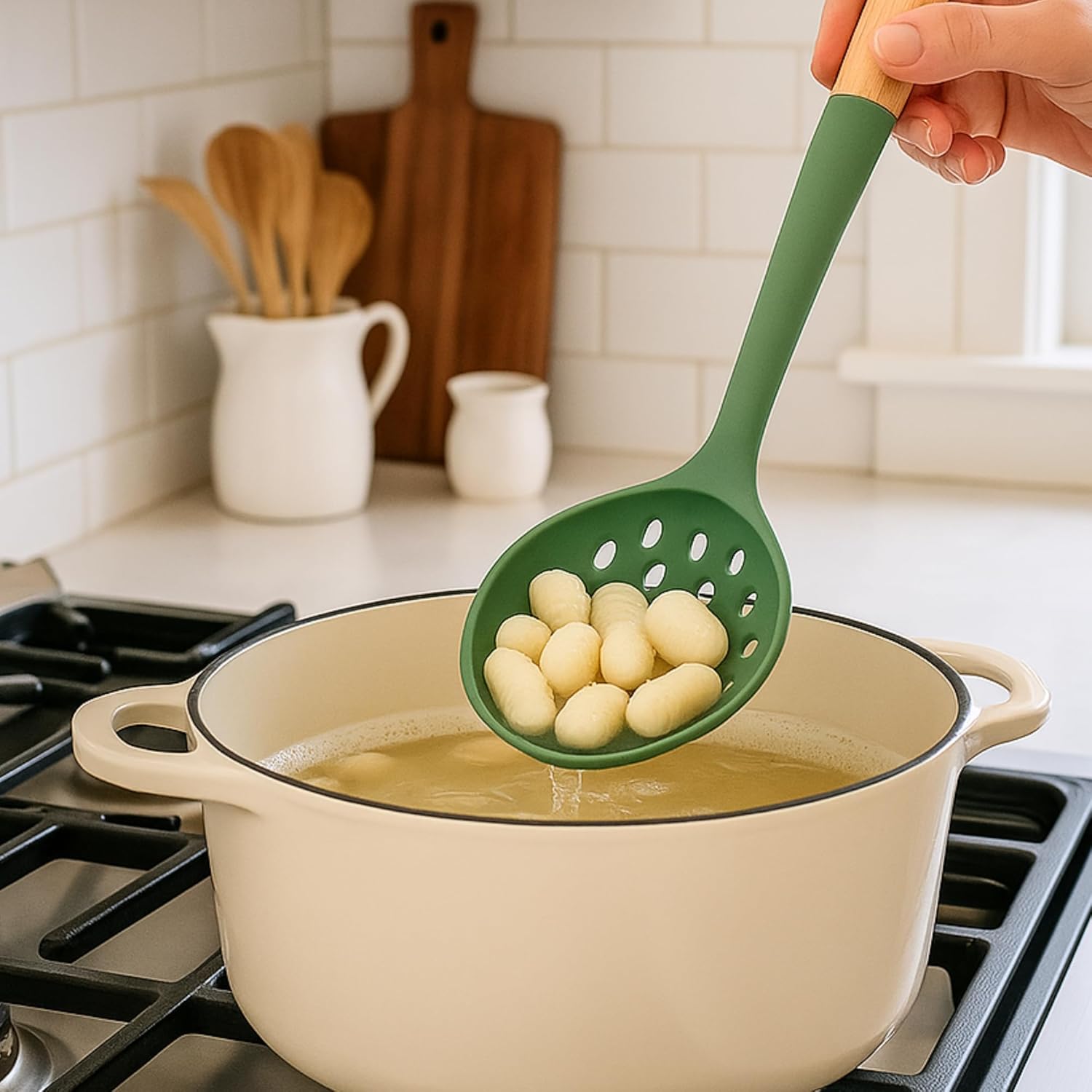 Beille 4pc Beech Wood and Silicone Kitchen Utensils Cooking Spoon Set Meal Prep Baking Supplies Home Essentials, Olive Green