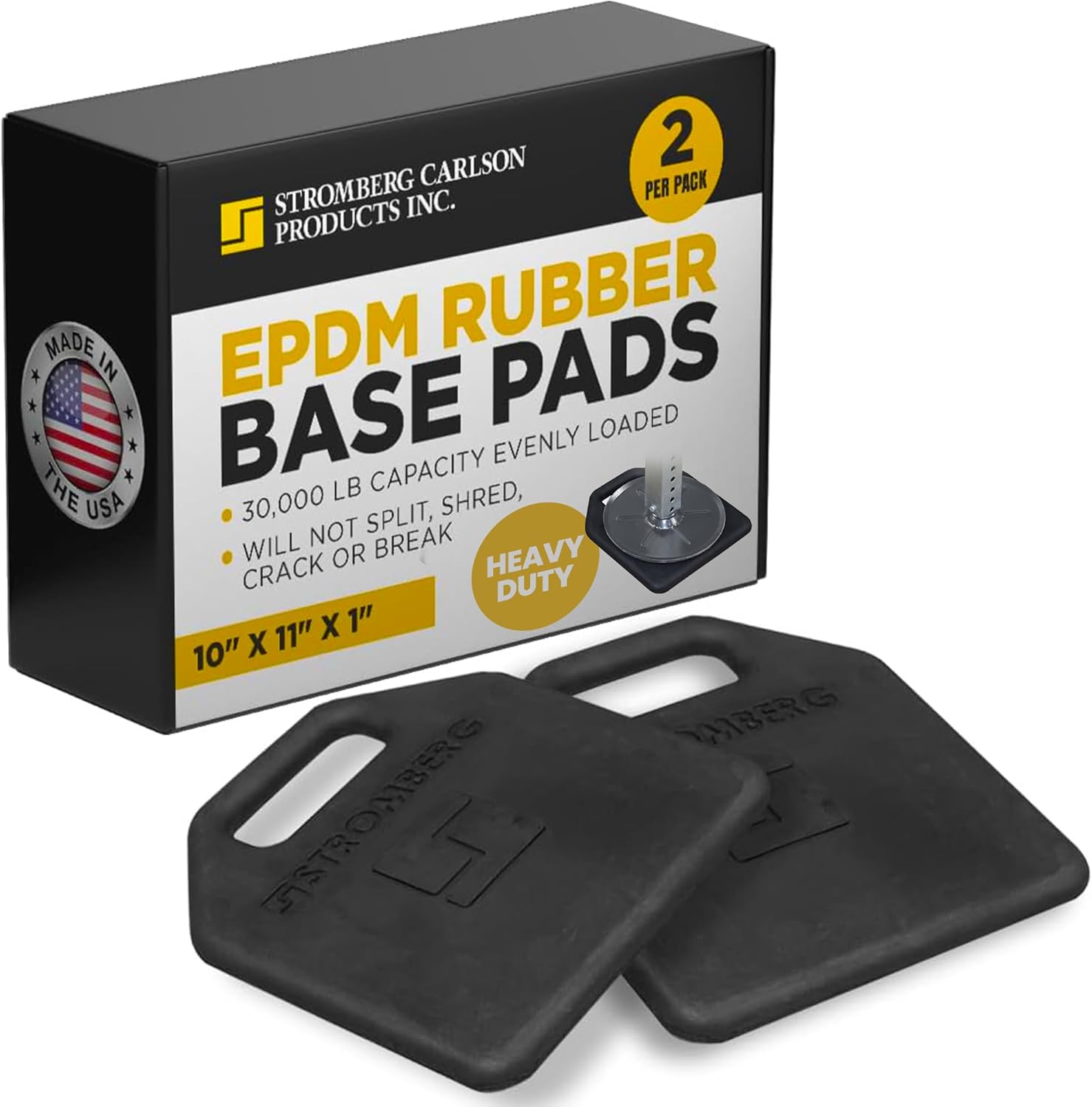 Stromberg Carlson RV Base Pads – JBP-1011.1 Heavy Duty Trailer Base, Leveling Stabilizer Pad for Campers, Landing Gear, EPDM Pads, RVs and Travel Trailers – 10" x 11" x 1", Pack of 2, Black