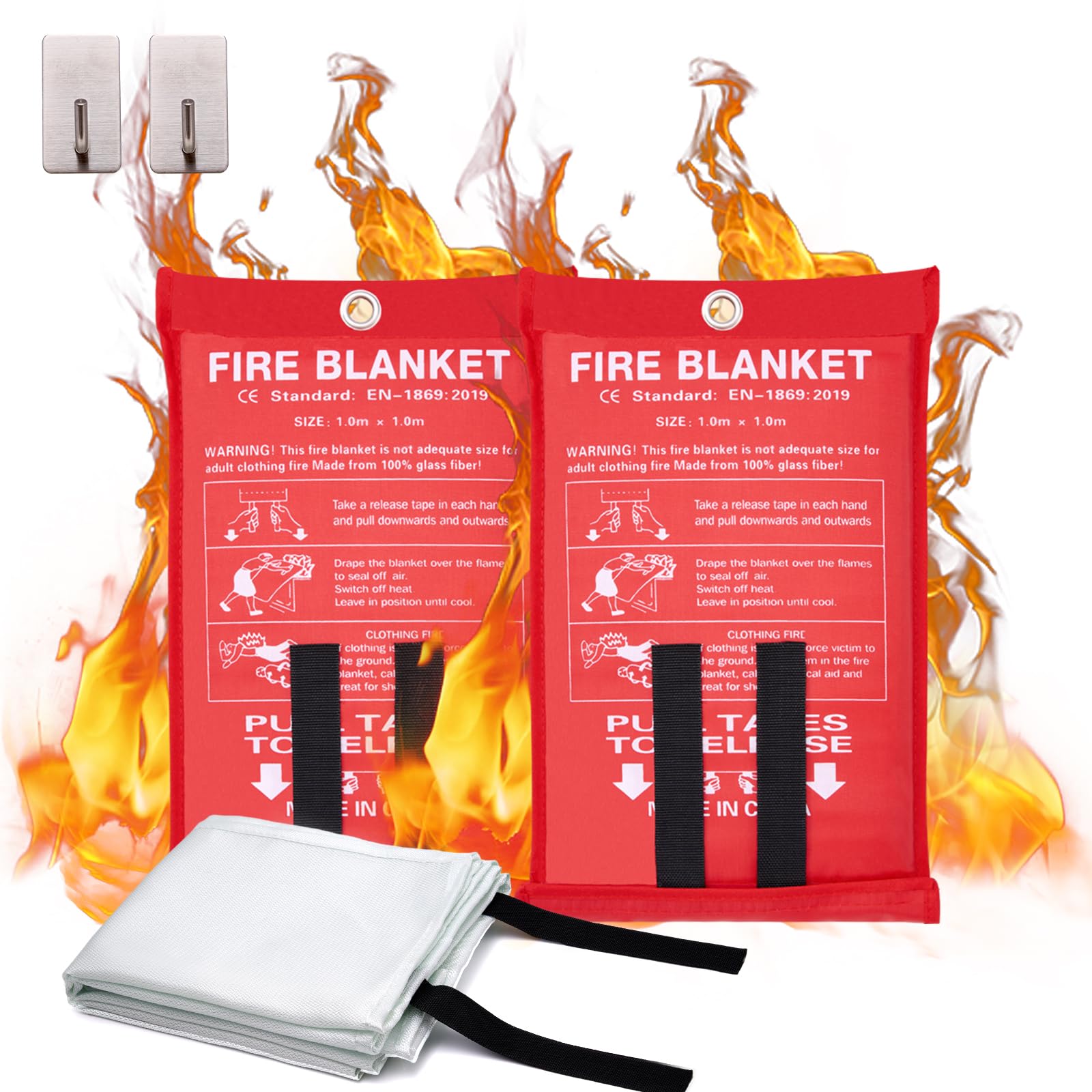Emergency Fire Blanket, Fireglass Fire Suppression Blanket Fire Safety Blanket for Kitchen Fireproof Blankets for Home Kitchen School Grill Car Office Warehouse 2 Pack