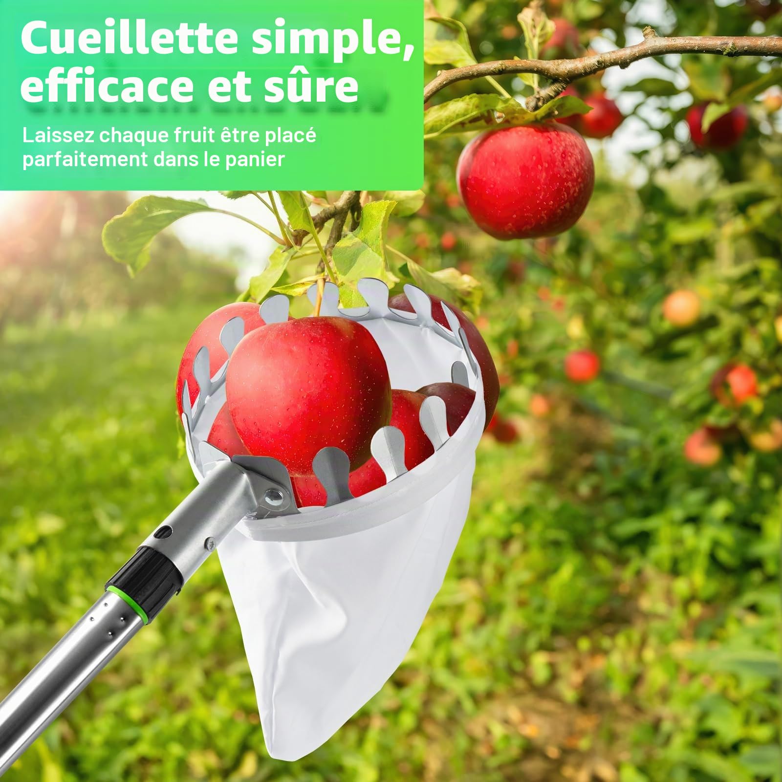 KOMABLEN 4M Cueille Fruit Telescopique, Ramasse Pomme INOX et Sac de Rangement, Poteau Réglable Cueille Fruit pour Pommes Poires Oranges Pêches Cerises