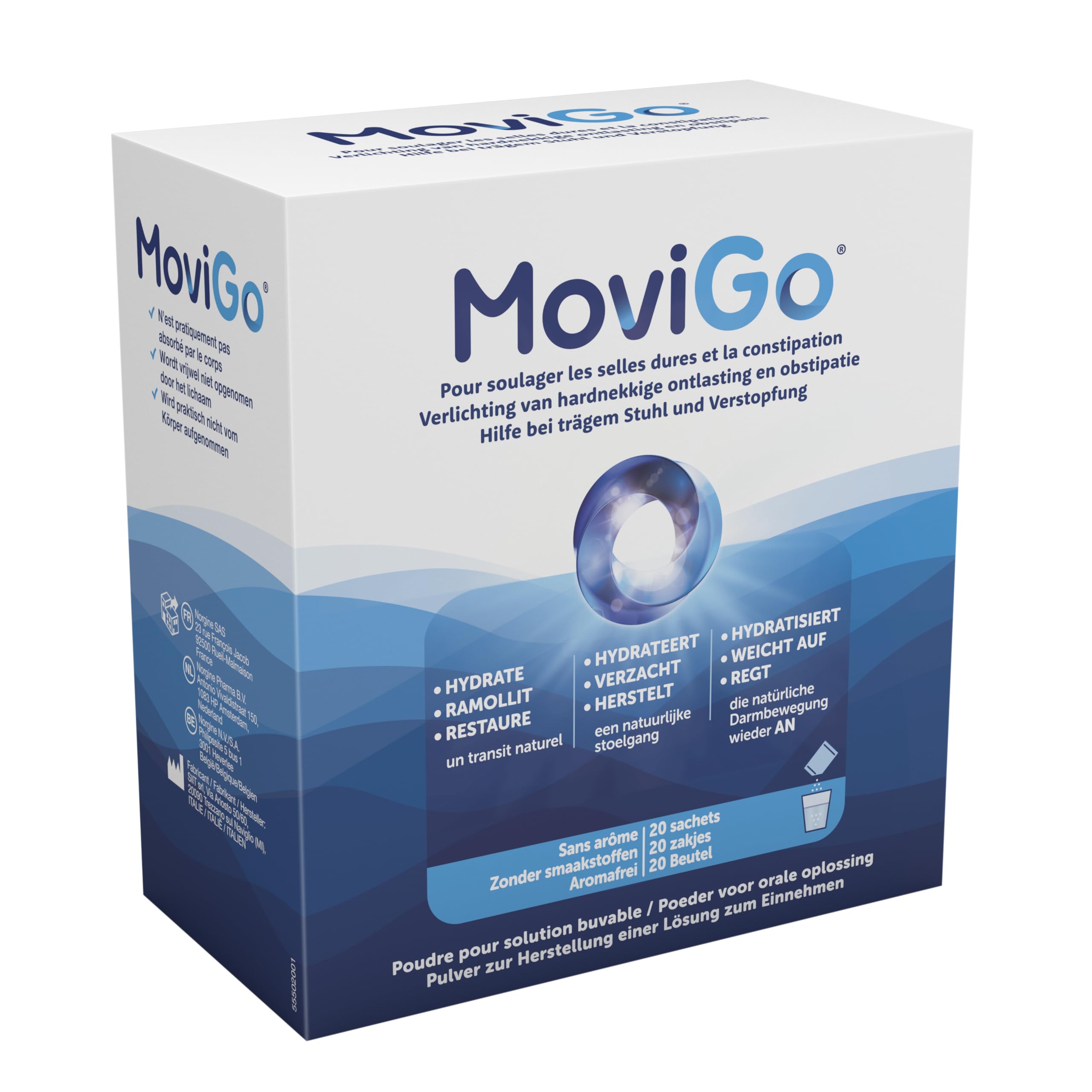 MoviGo Sans Arôme 20 sachets - poudre à diluer - soulage efficacement les selles dures, le transit irrégulier et la constipation – Macrogol - Laxatif osmotique doux pour Adultes et Enfants dès 2 ans.