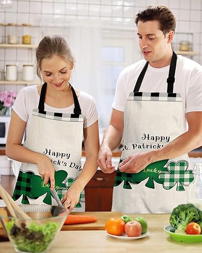 Miniatura 2 de LEOKOTI St Patricks Day Aprons for Women Men with 2 Pockets White and Black Buffalo Plaid Board Green Lucky Clover Waterproof Kitchen Aprons