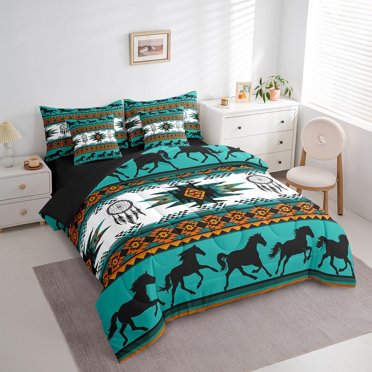 Feelyou Juego de edredón bohemio con sábanas, tamaño matrimonial, ropa de cama azteca nativa del suroeste en una bolsa, juego de ropa de cama de 7 piezas, juego de cama de caballos, decoración de