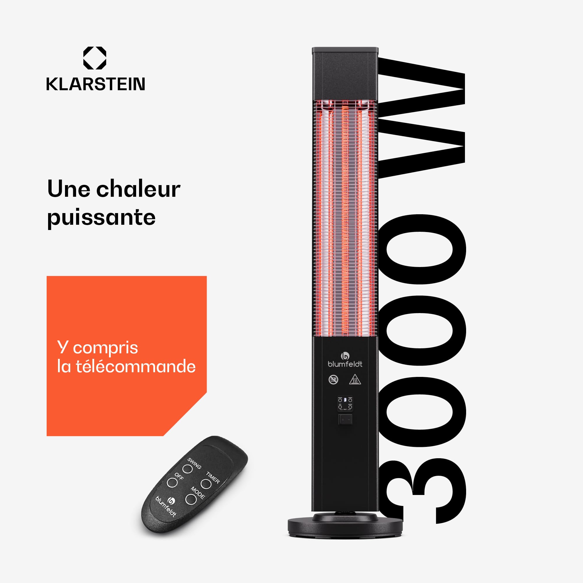 Blumfeldt Chauffage Infrarouge sur Pied, Radiateurs Intérieur et Extérieur 3000W, Chauffage Maison et Jardin, Chauffage Electrique de Terrasse, Télécommande, Chauffage Électrique IP65, Econome Energie