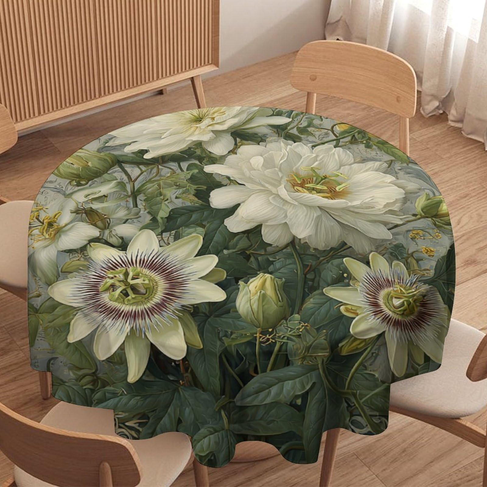 LUYYSKY Rustic Watercolor Green Floral Waterproof Round Tablecloth Vintage Colorful Botanical Plant Green Flowers Leaves Pattern Washable Table Cover for Kitchen-127 Wx127 L cm