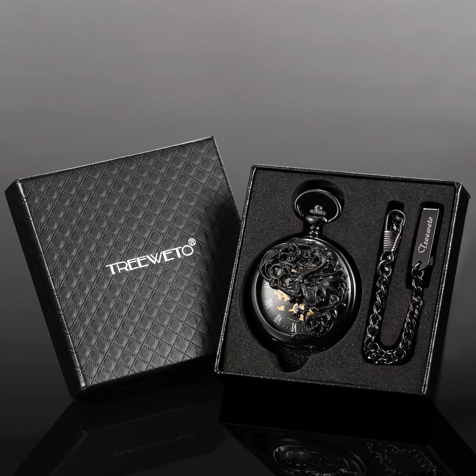 Treeweto - Reloj de bolsillo antiguo de esqueleto mecánico y figura de dragón con cadena