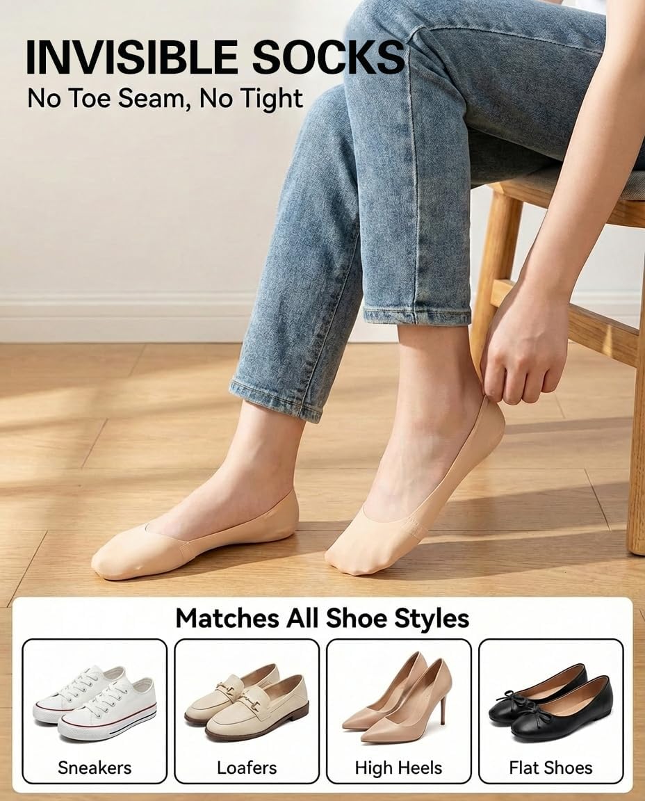 Honnesserry Womens No Show Socks Nylon Cotton Non Slip Low Cut 6 Pairs | Invisible Ice Silk Socks for Flats Loafers Sneakers Shoe Size 9-12