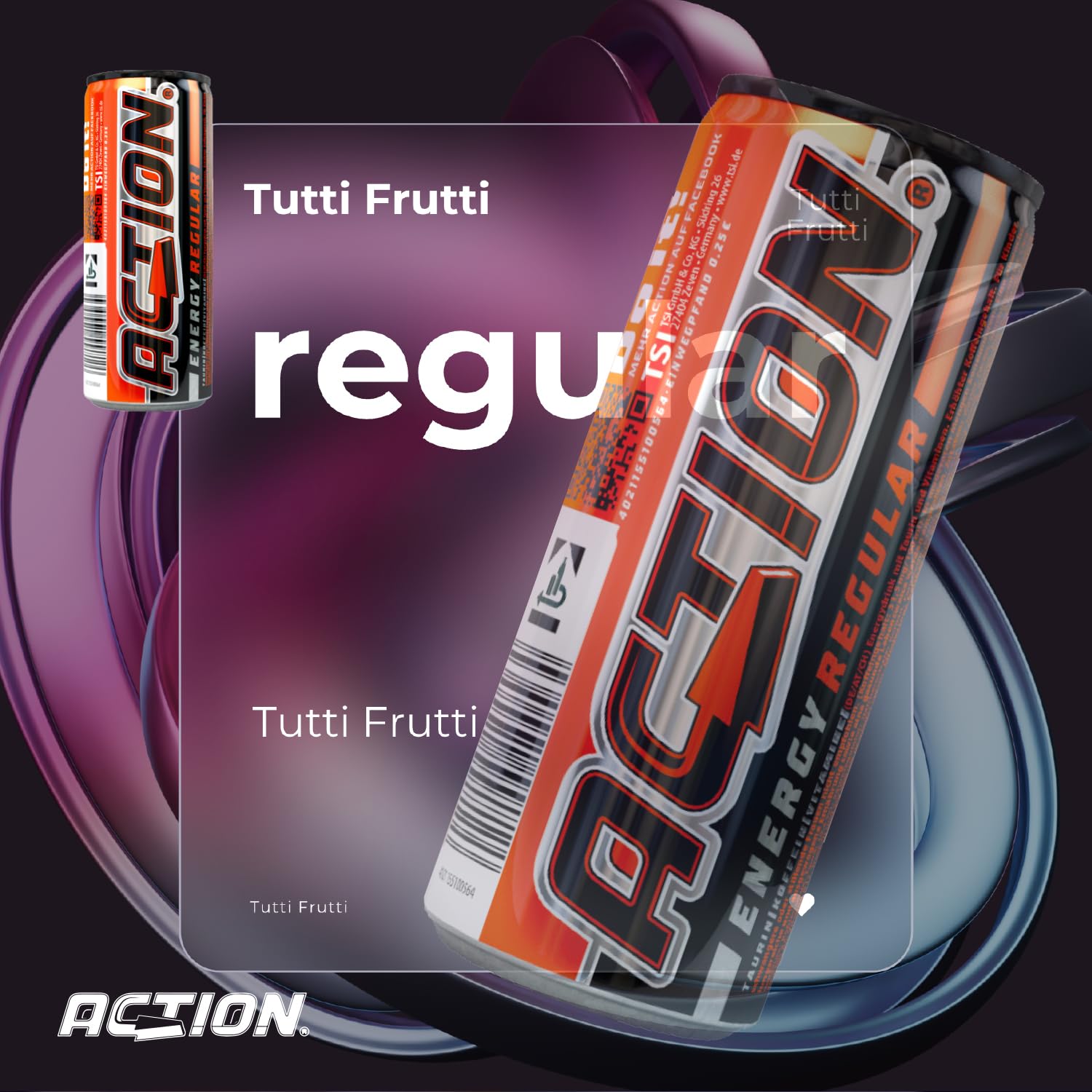Action Energy Drink Regular (48 x 500 ml) incluye depósito – Refresco con sabor a tutti-Frutti – patata energética con mayor contenido de cafeína – 48 latas de bebidas