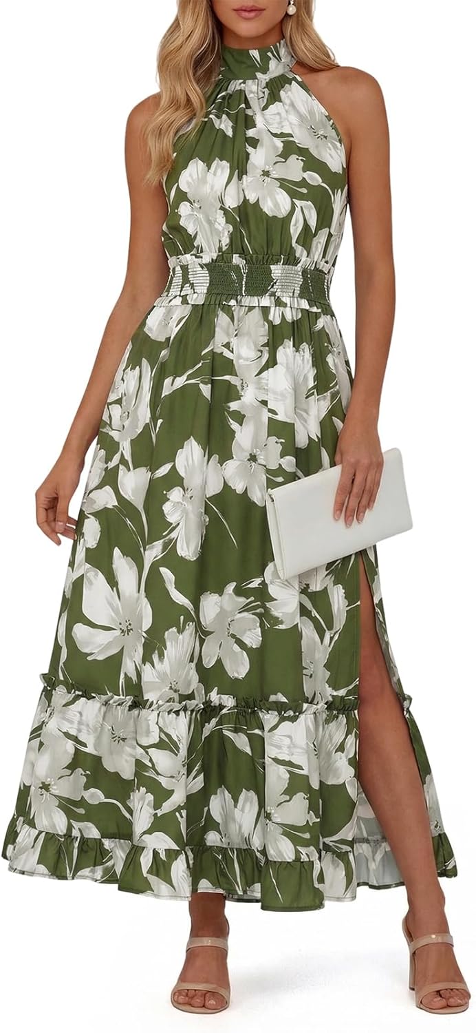 Wenrine Womens Summer Halter Neck Dress Maxi Floral Vacation Boho Sundresses Flowy Formal Travel Wedding Guest Dresses