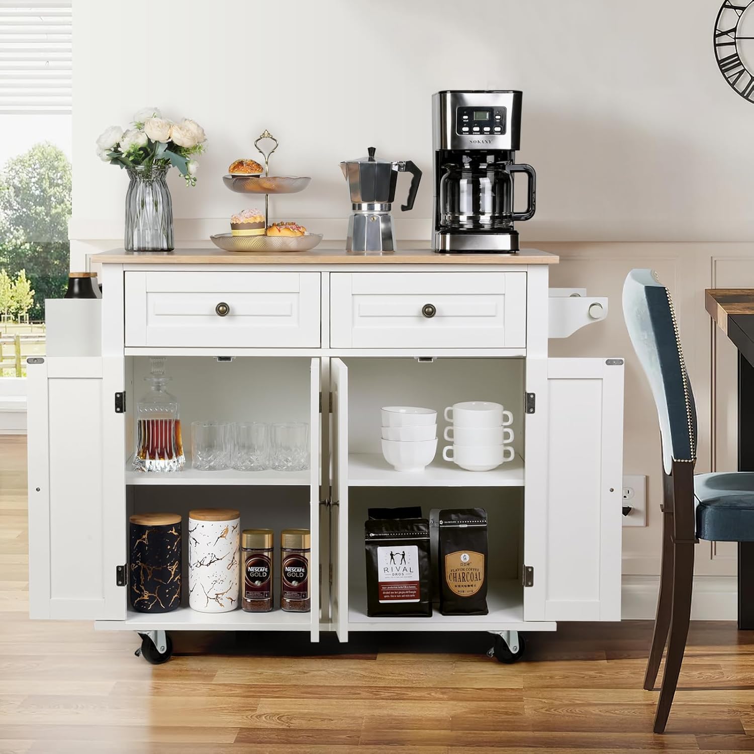 VOWNER 43" W Kitchen Island with Drop Leaf, Rolling Kitchen Island with Drawers, Portable Island Kitchen with Storage, Butcher Block Kitchen Cart with Spice Rack & Towel Rack (White)