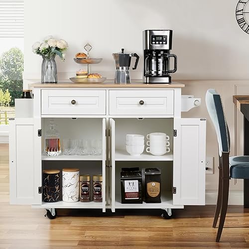 Miniatura 6 de VOWNER Isla de cocina de 43 pulgadas con hoja caída, mesa de isla de cocina con almacenamiento, carrito de cocina con ruedas de madera maciza para