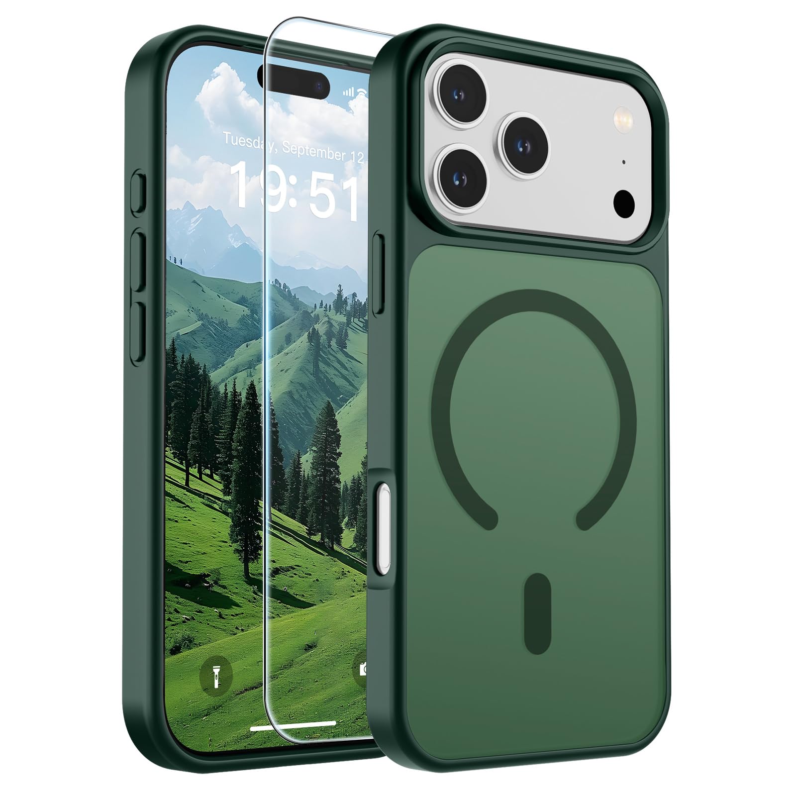 SUPFINE Magnetic for iPhone 17 Pro Max Case Forest Green | With Screen Protector, Translucent Matte, Compatible with MagSafe, Military Grade Drop Proof, Rugged Shockproof Protective