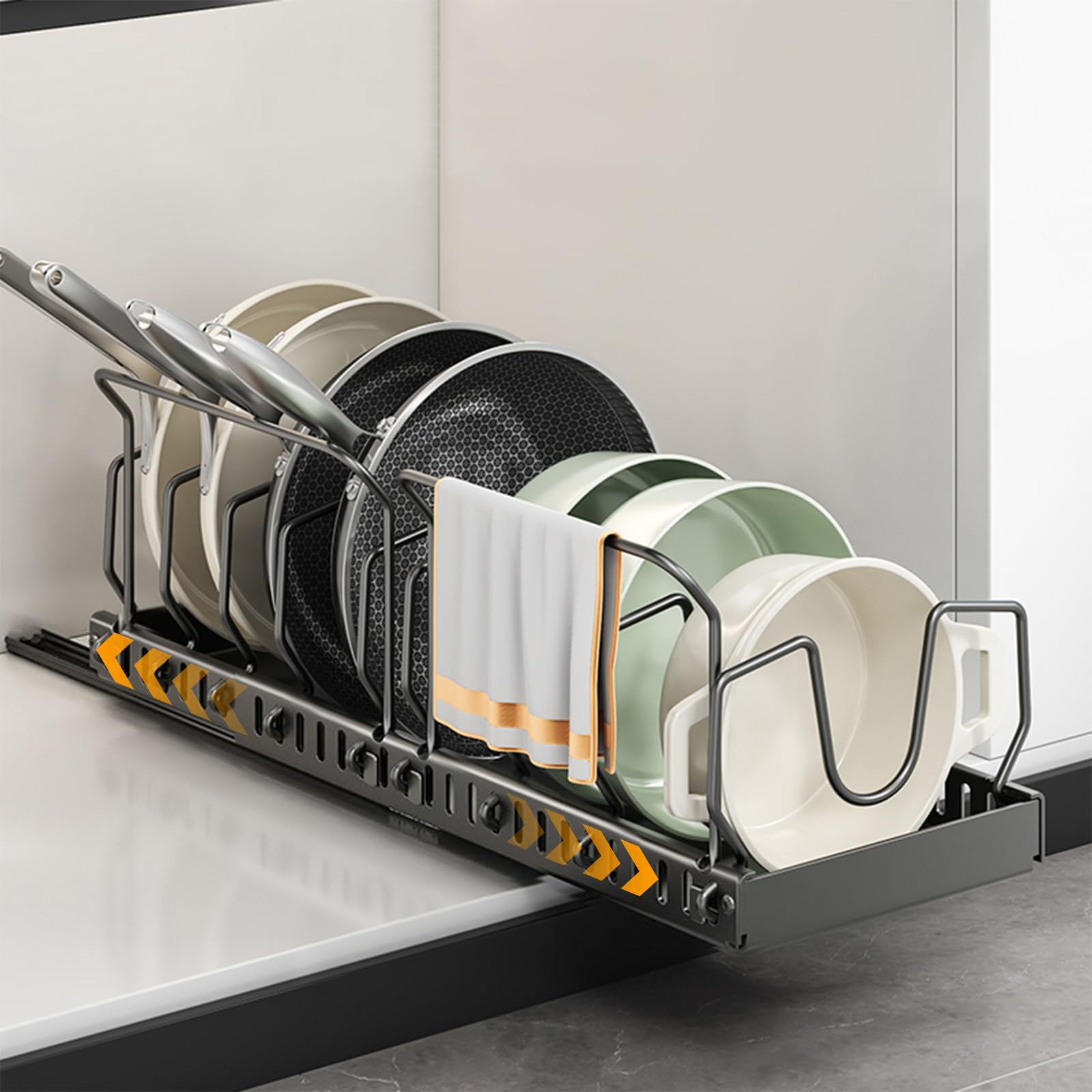 Ensemble de 2 casseroles et poêles Organisateur avec 2 supports de poignée, Organisateur de couvercle coulissant avec 10 séparateurs de couvercle réglables (Noir)