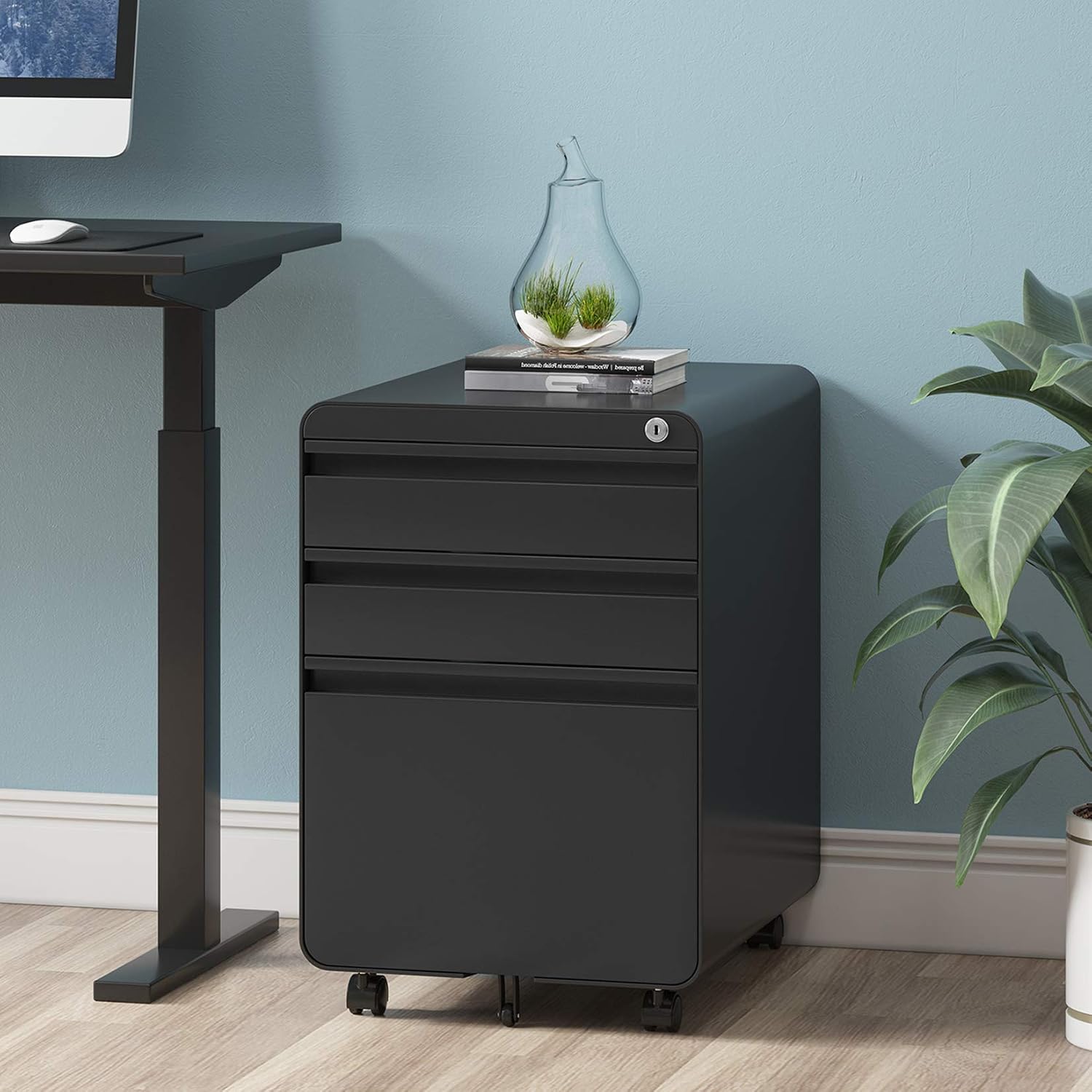 Dprodo 3 Drawers Mobile File Cabinet with Lock, Metal Filing Cabinet for Legal & Letter Size, Locking File Cabinet for Home & Office Full-Extension Drawers Printer Stand, Black