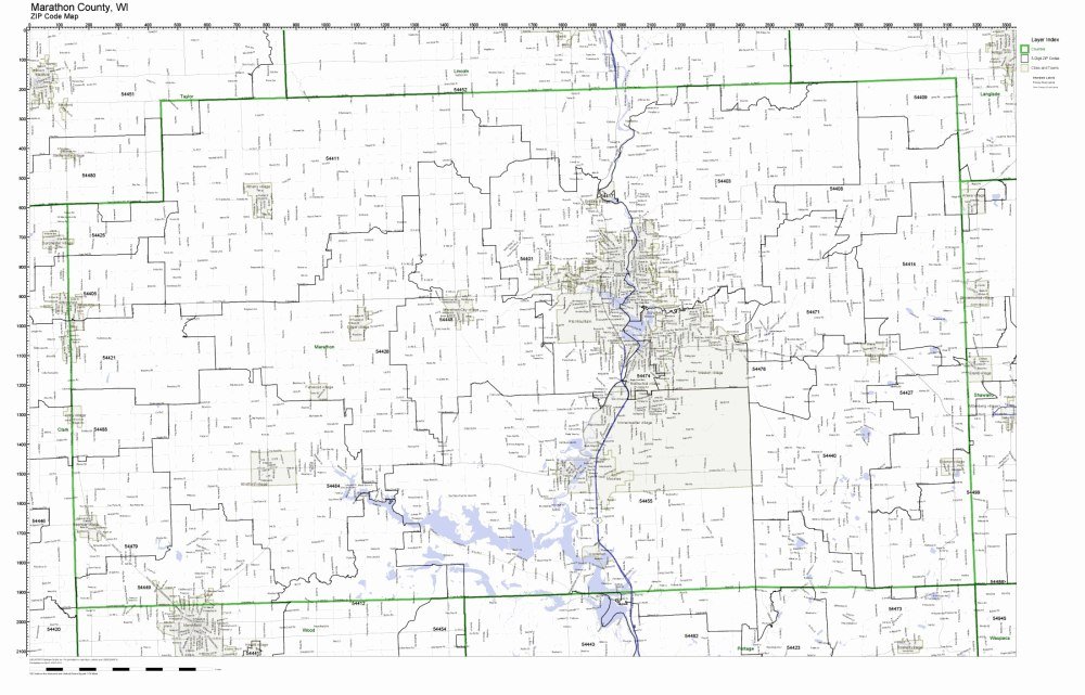 Marathon County, Wisconsin WI ZIP Code Map Not Laminated Office Products