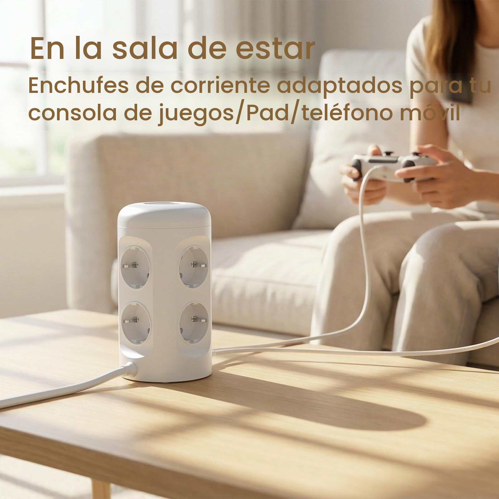 Regleta Enchufes con USB C, 12 en 1 Enchufe Multiple (9 AC y 3 USB), 3680W/16A, Regleta Enchufes Proteccion Sobretension, 2M Torre Enchufes Vertical con Interruptor para Mesa, Oficia, Casa, Blanco