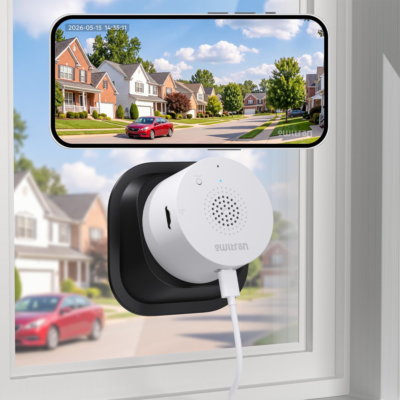 owltron Fensterkamera mit Halterung 2,4 GHz & 5 GHz Dual-Band, 3MP 2K Innenkameras mit KI-Farbnachtsicht, 24/7 Aufnahme, 104° Sichtwinkel, Personen-/Bewegungs-/Geräuscherkennung