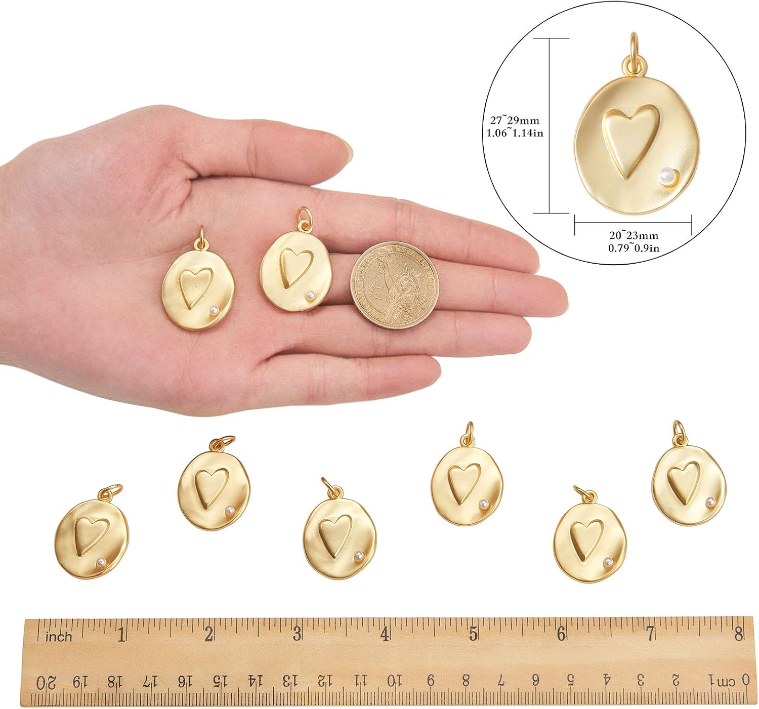 Airssory 5 Pcs Matte Gold Charms Pendants with Acrylic Pearl Beads Oval with Heart Shape Brass with Real Gold Plated for DIY Jewelry Making Craft - 27~29mm