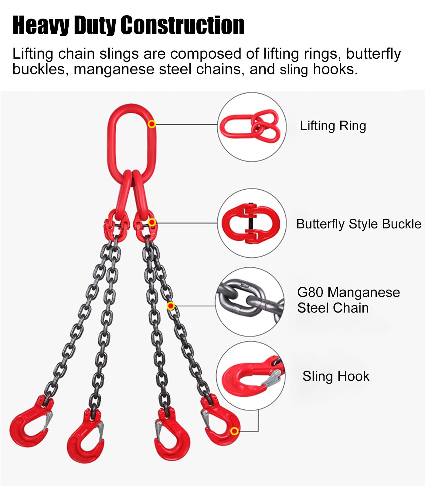 VEVOR Catene Di Sollevamento 4 Gambe G80 - 8 Mm X 3 M, Portata 5 Tonnellate, Per Fabbriche E Cantieri - Foto 8