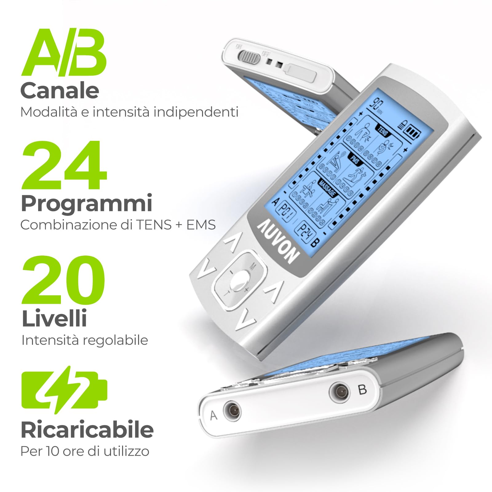 AUVON Elettrostimolatore muscolare professionale, 2 canali e 24 modalità TENS Elettrostimolatore 3 in 1 con 12 elettrodi TENS 2"x2" con design brevettato per alleviare il dolore e costruire muscoli
