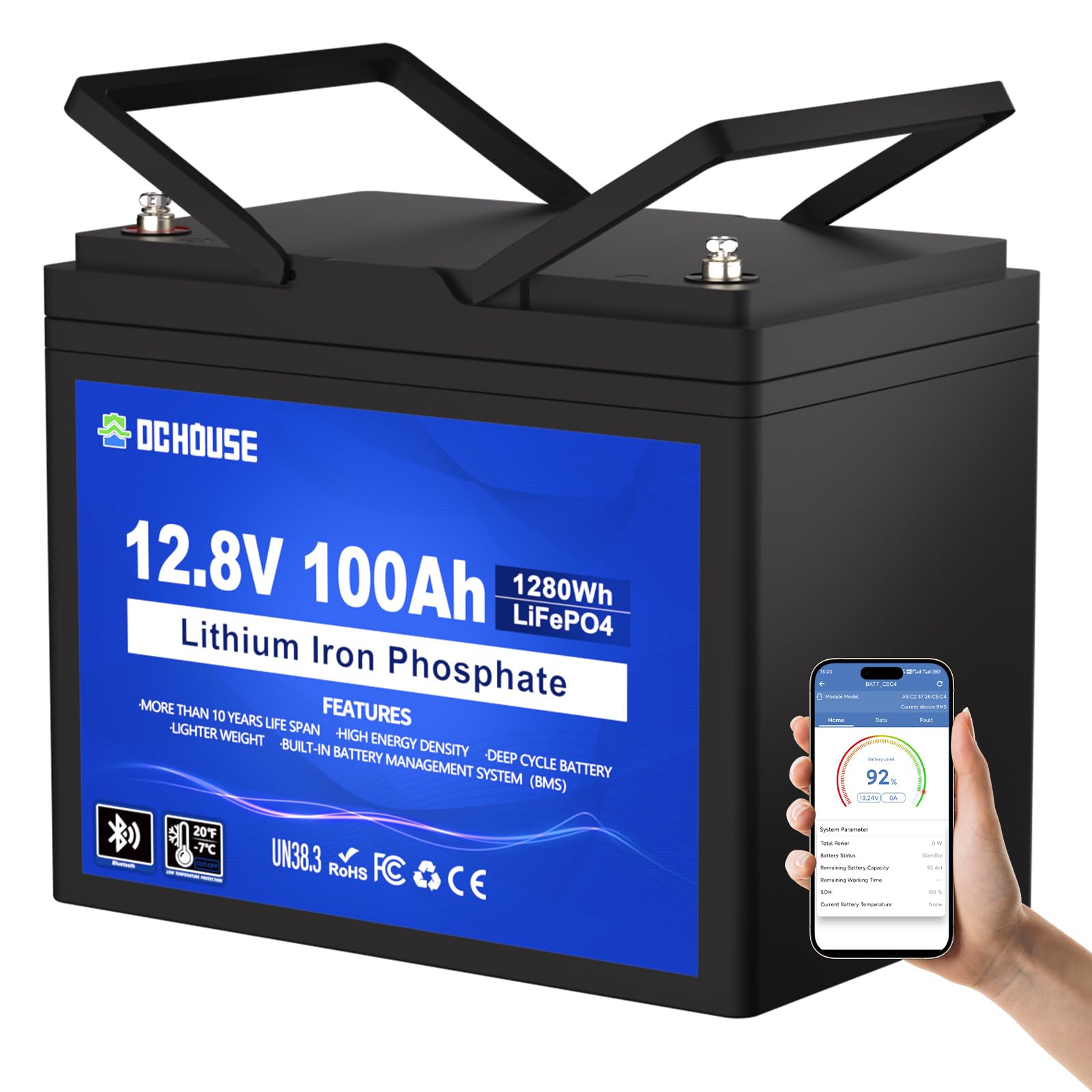 DC HOUSE 12V 100Ah LiFePO4 Lithium Battery, Bluetooth & Low Temp Cut-Off, Group 31 Lithium Battery, Up to 15000 Cycles, 100A BMS, Perfect for Trolling Motors, Marine, Boat, Solar
