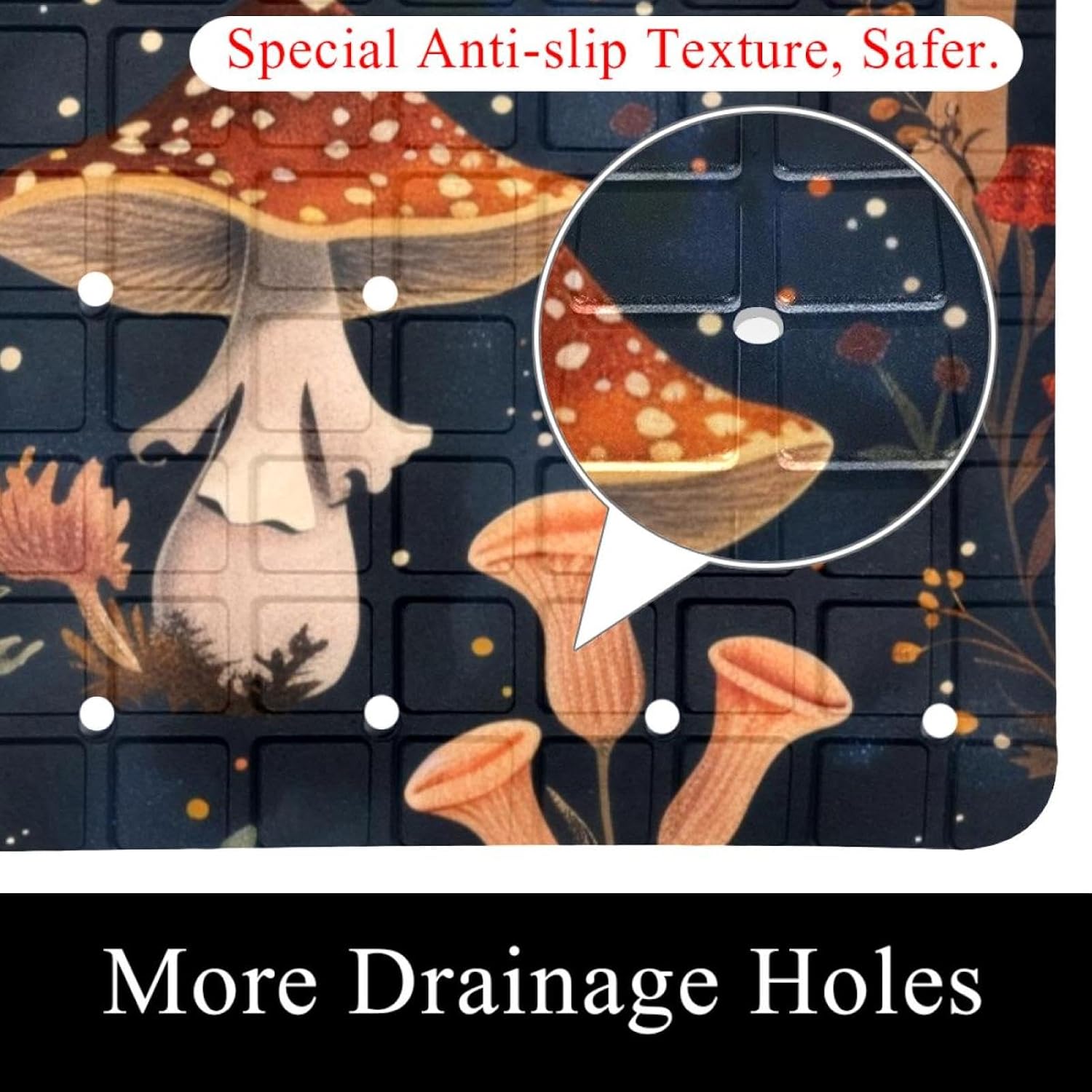 Moonlit Plants Mushroom Flowers Aesthetic Pattern Bath Tub and Shower Mats, Non Slip Bathmat with Drain Holes and Suction Cups for Bathroom Floor, 15.1 x 26.8 Inch