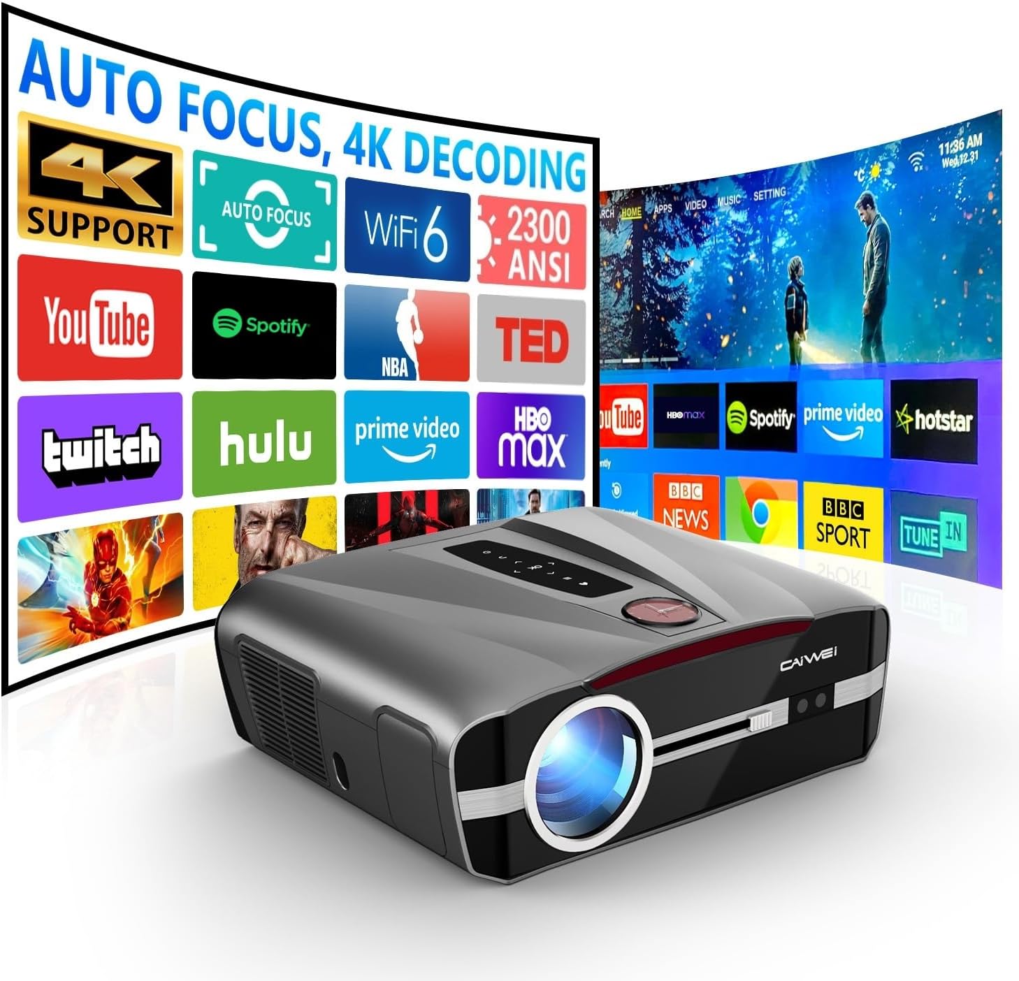 Daylight Projector 4K Ultra HD 2300 High ANSI Lumen Smart Home Cinema with WiFi 6,Bluetooth,Streaming Apps,NFC,Bright Daytime Projectors,HDR10+,Auto Focus,HDMI 2.1 ARC for Outdoor Movie Video Gaming