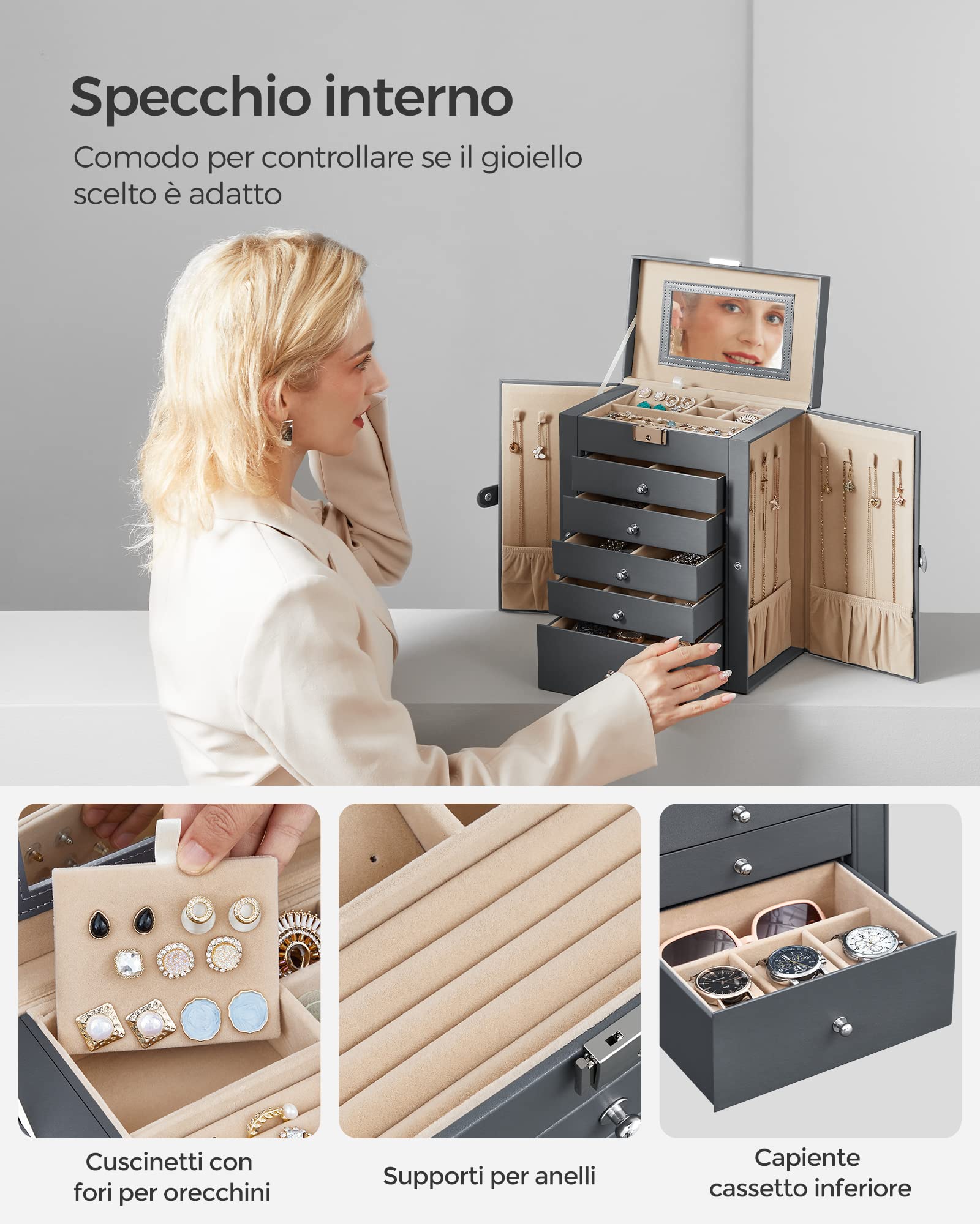 SONGMICS Scatola Portagioie a 6 livelli, Porta Gioielli con 5 Cassetti, Capiente, con Specchio Interno, Chiusura a Chiave, Cofanetto Portagioie, Idea Regalo, per Orologi, Grigio JBC152G01