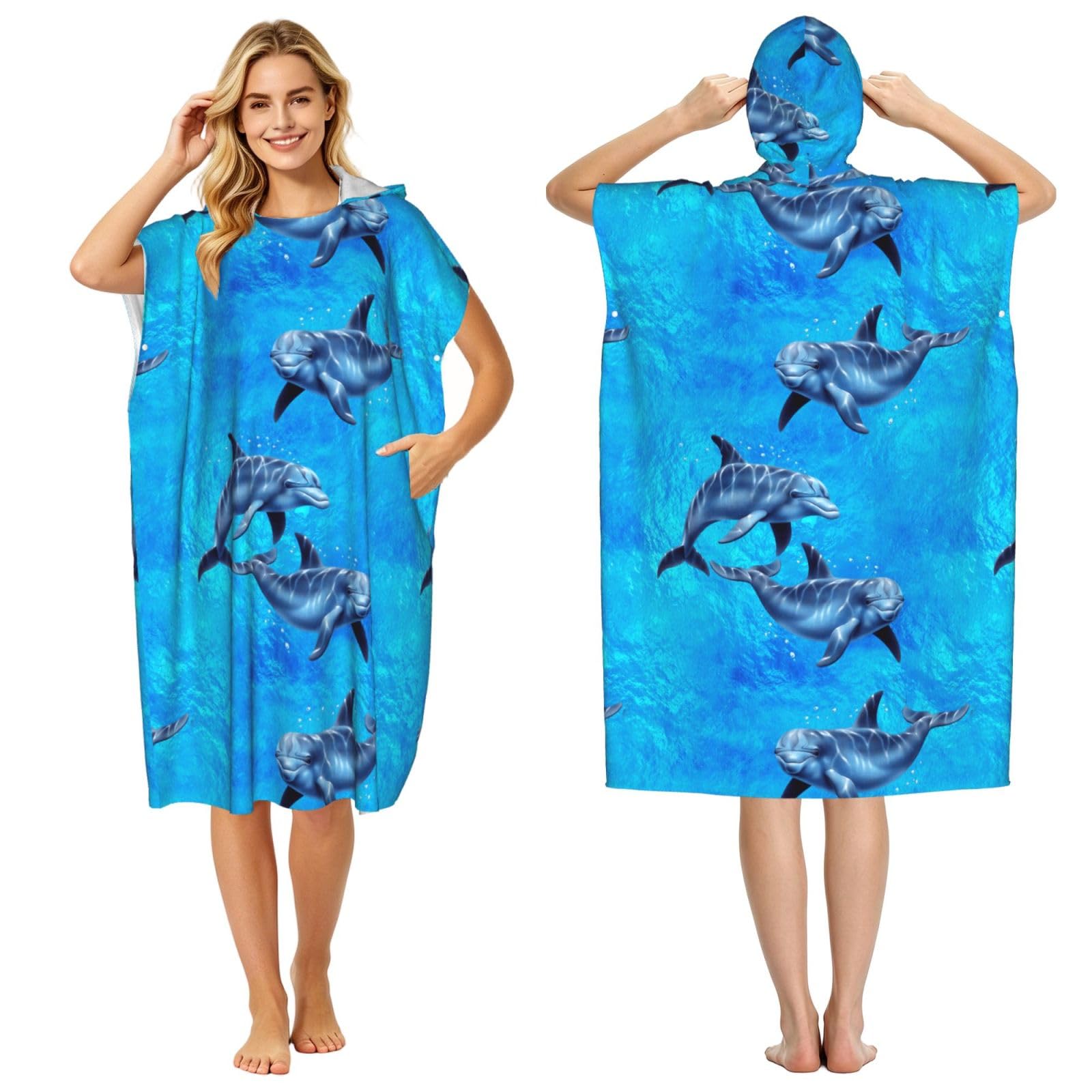 Poadnly Dolphins, Adult Hooded Beach Towel 90 x 110 cm,Changing Bath Robe, Surf Poncho Towel For Women Men
