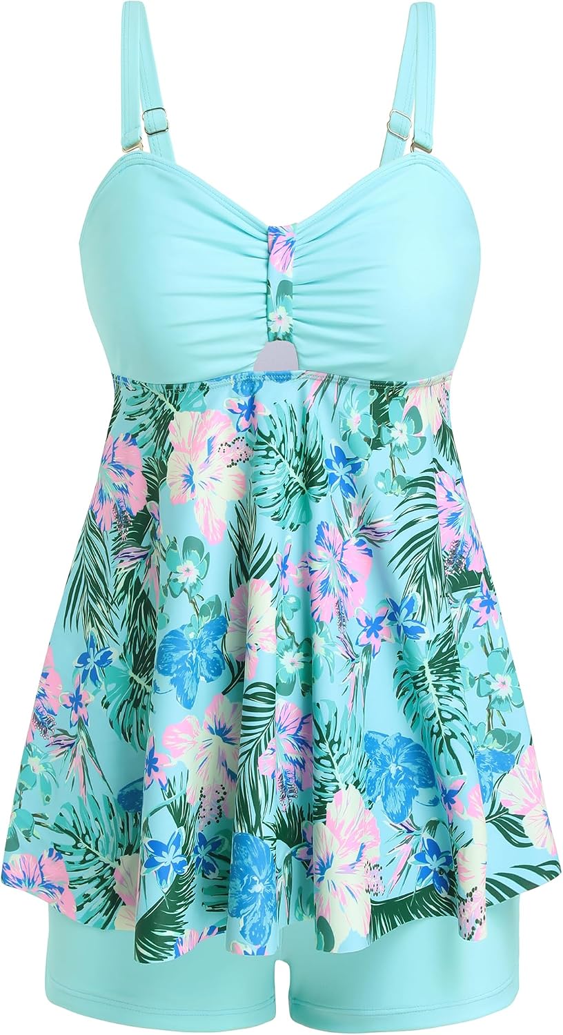 ZAFUL Tankini Swimsuits for Women Tummy Control Two Piece Modest Bathing Suits Floral Skirt Top with Boyshorts
