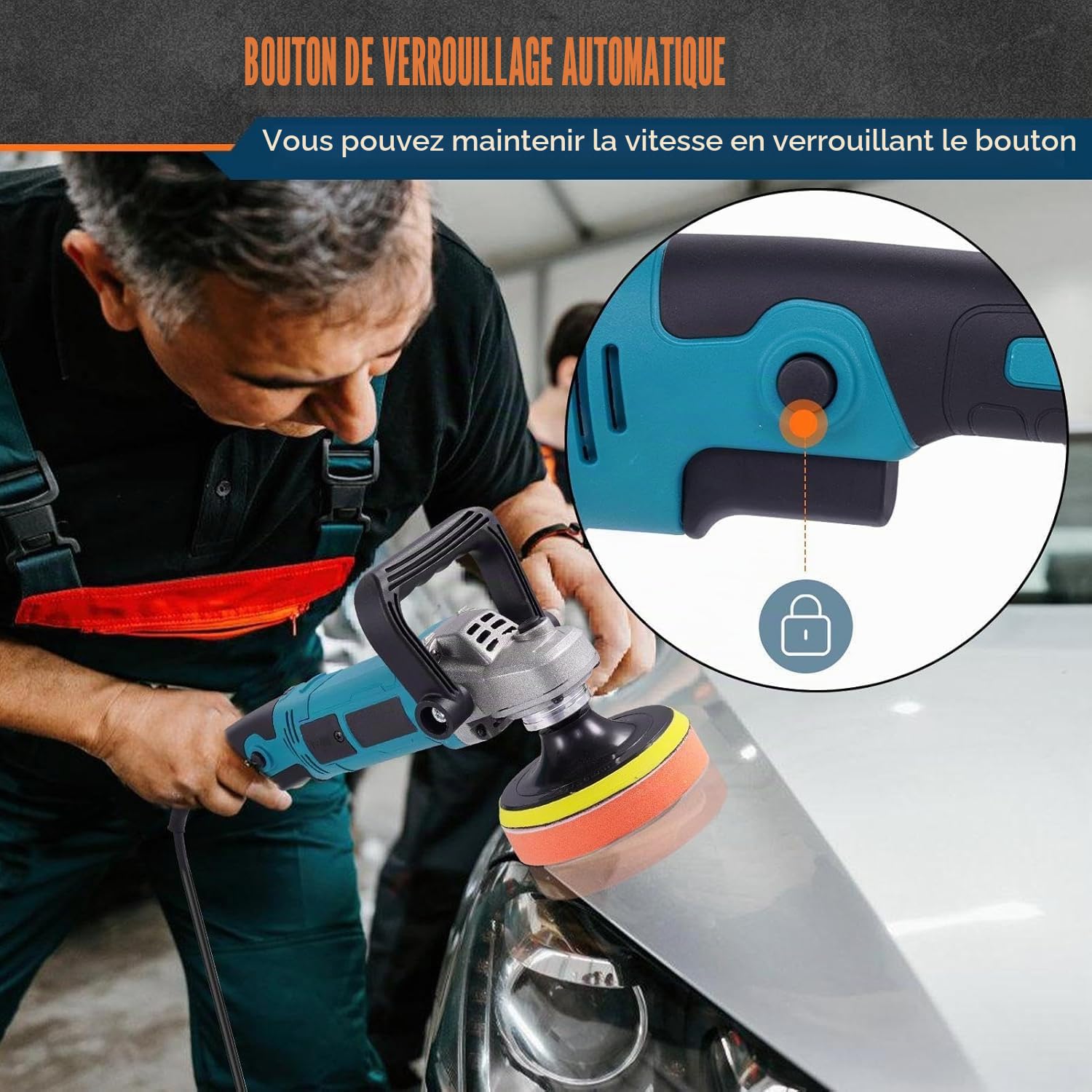 Polisseuse automatique 1600W avec 6 vitesses variables | Kit de polissage avec manche amovible bleu, tampon de polissage, éponge de polissage, peau à polir, ensemble de polisseuse
