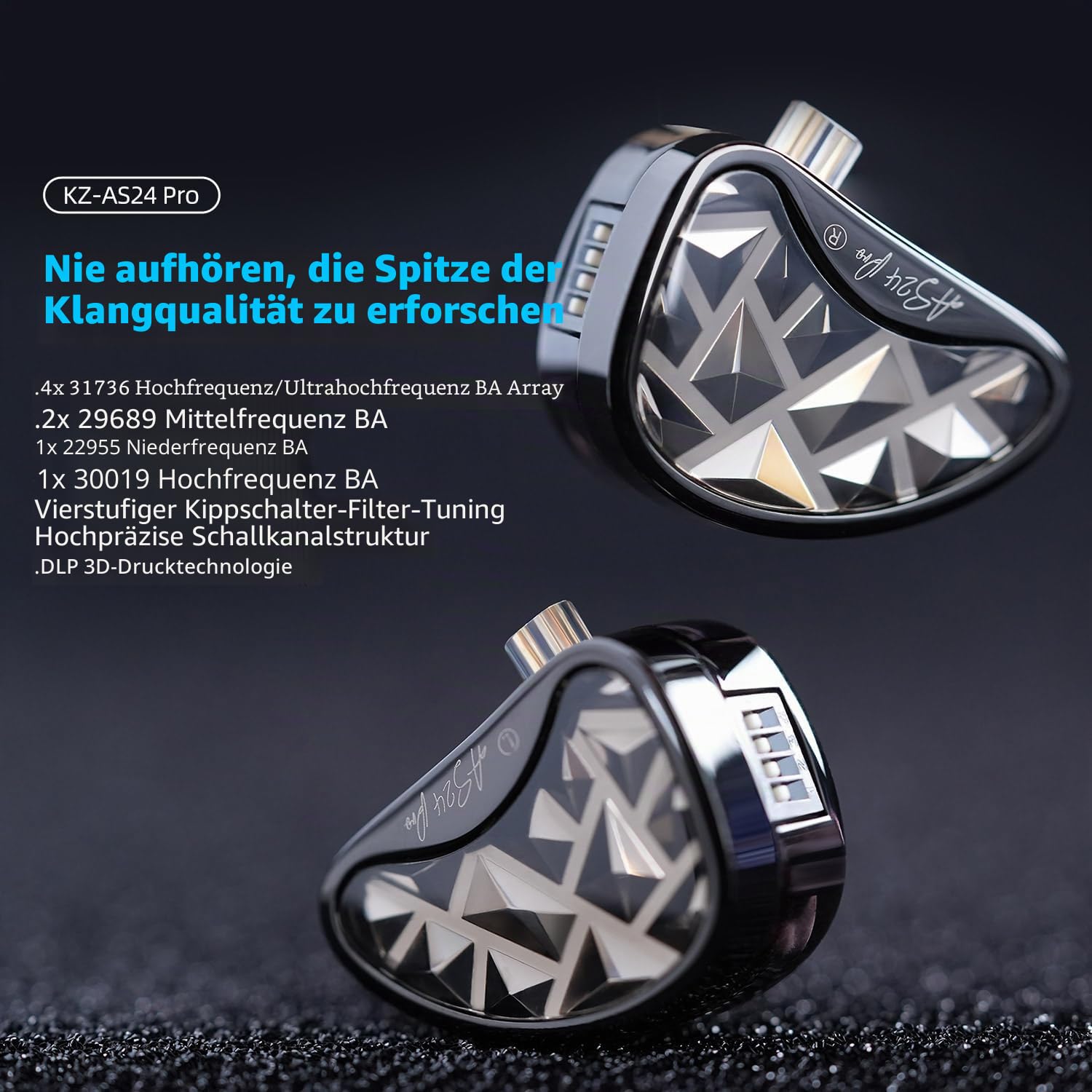 KZA COUSTICS KZ AS24 Pro In Ear Monitor mit 12 BA-Treibern, IEM Kopfhörer mit 4 Einstellmöglichkeiten, HiFi-Bass, Gaming Ohrhörer, klarem Stereoklang über alle Frequenzen, für Musiker Audiophile