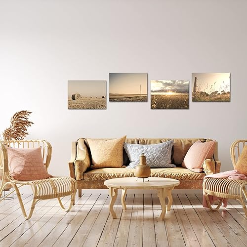 Miniatura 2 de Biuteawal 4 piezas de arte de pared rural, campo de trigo al atardecer, pintura fotográfica sobre lienzo, arte de campo, granja, sala de estar,