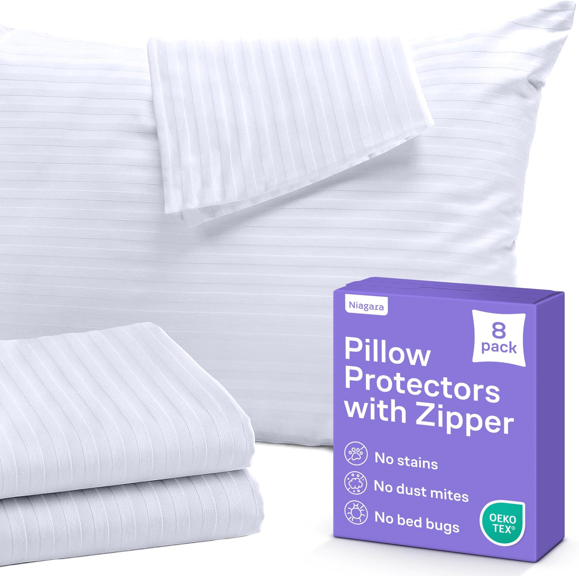 Set of 8 Pillow Protectors with Zipper King Size - 100% Resistant to Stains, Dust & Dirt - Washable Covers for Increased Pillow Lifespan