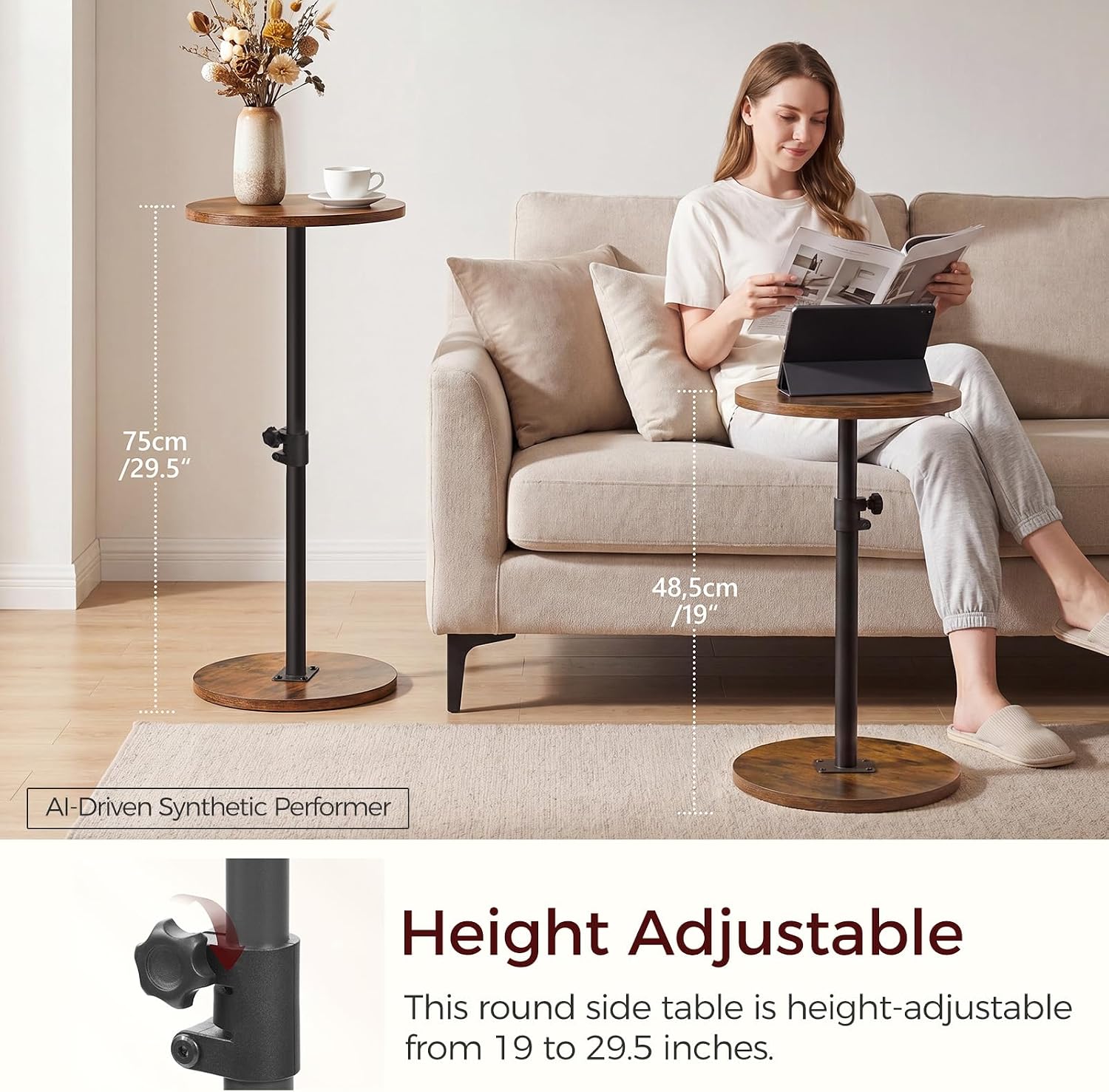 MAHANCRIS Small Round Side Table, Adjustable Height Cocktail Drink Table