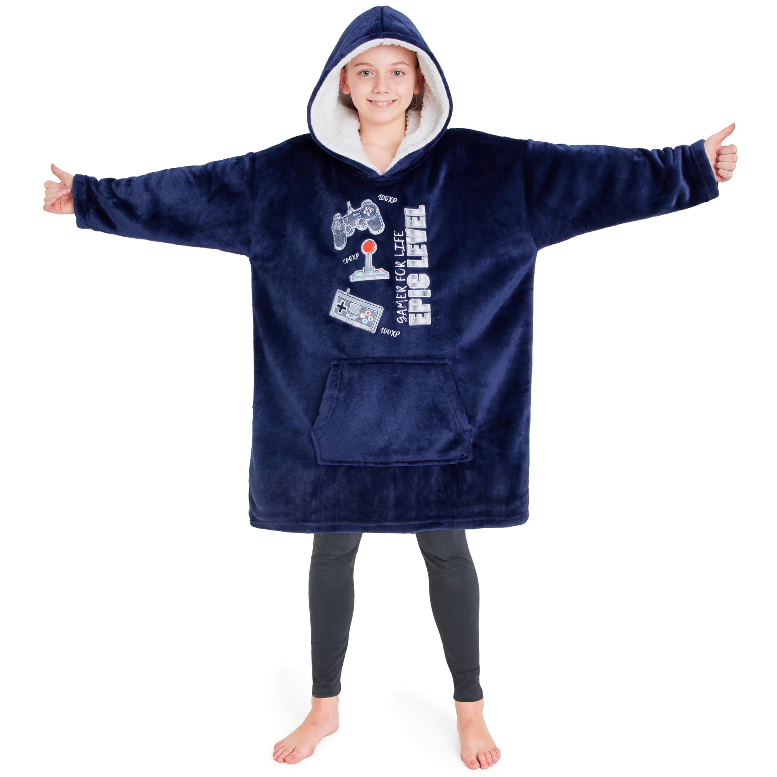 Citycomfort Blue Gaming Hoodie Blanket For Kids & Teenagers Fleece Wearable Blanket Warm Gamer Football Oversized Hoodie With Sherpa Hood Loungewear Gaming Gifts (Blue Gaming)