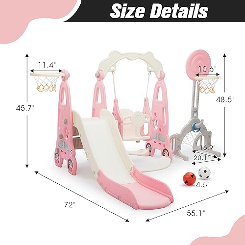 Miniatura 6 de Juego de toboganes 5 en 1 para niños pequeños, estructura de juego para bebés, tobogán para niños con columpio, aro de baloncesto y pelota, campo de