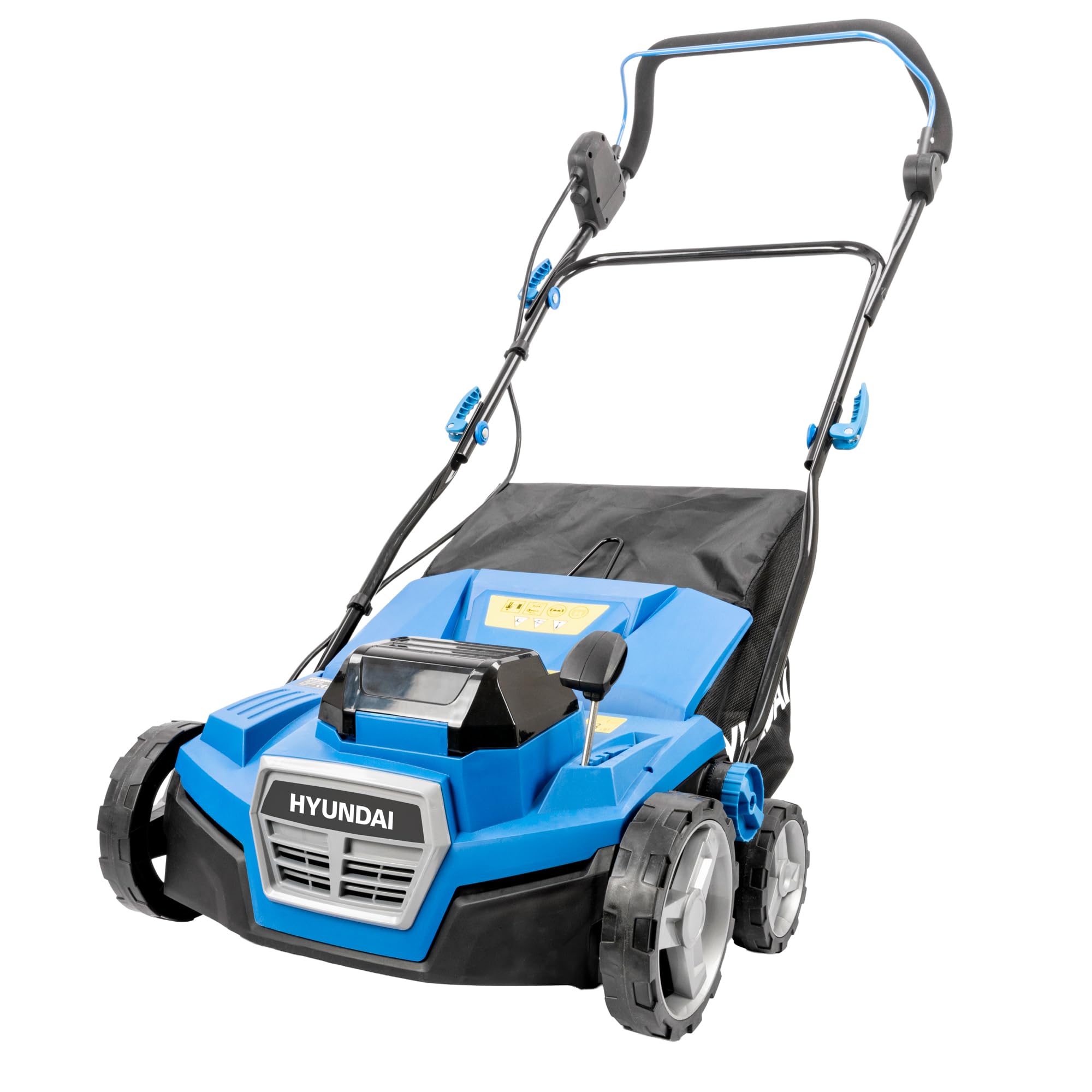 Hyundai Spazzatrice artificiale senza fili da 38 cm 40 V (2 x 20 V), motore senza spazzole, borsa di raccolta da 45 l, 5 impostazioni di altezza, 2 batterie da 4,0 Ah e caricabatterie