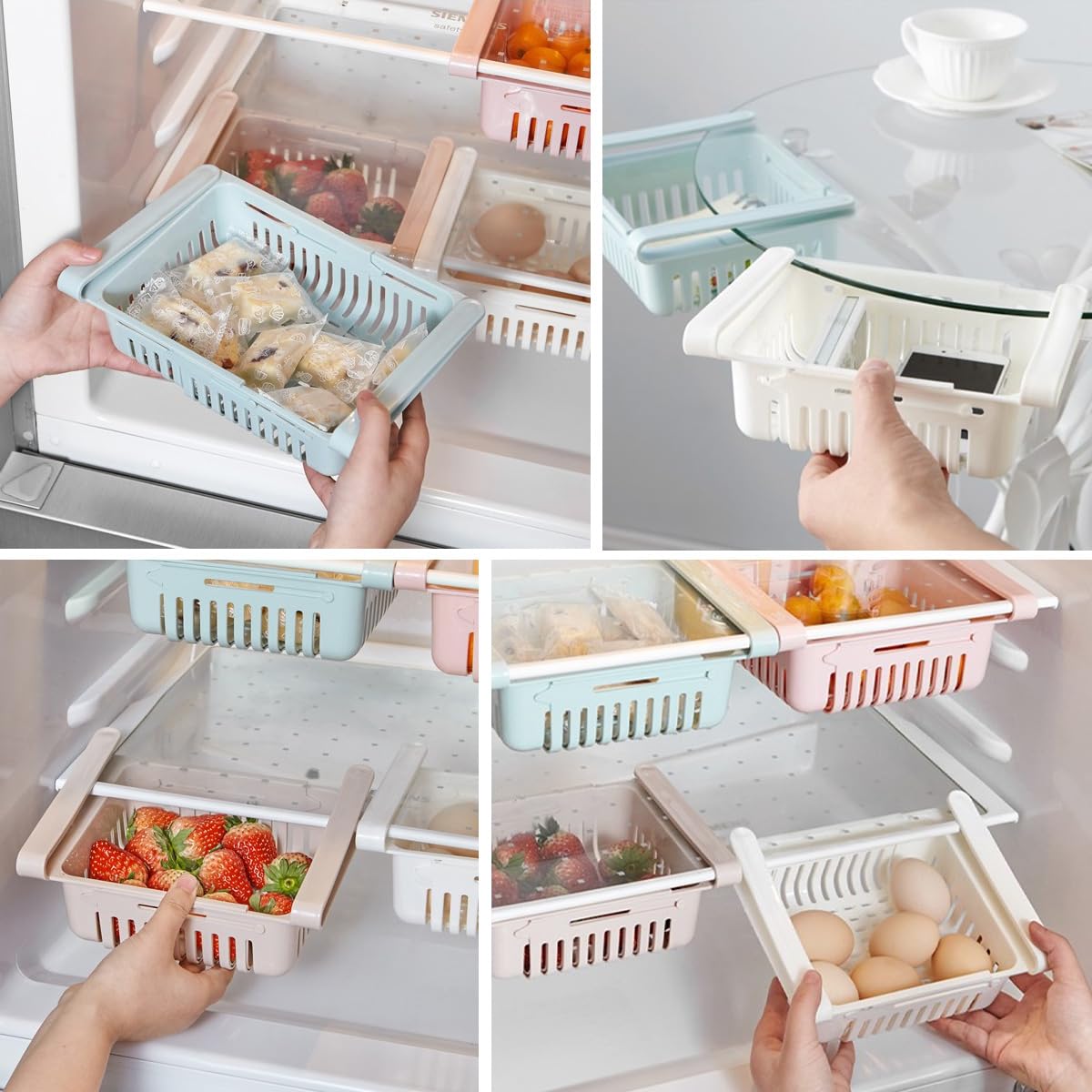 BUYGOO Cassetti Frigo per Frigoriferi 4PZ Contenitori Frigorifero Salvaspazio Set Organizer Estensibile per Frigorifero Ripiano Regolabile Cassetto Frigorifero Estraibile Cestini per Frigorifero
