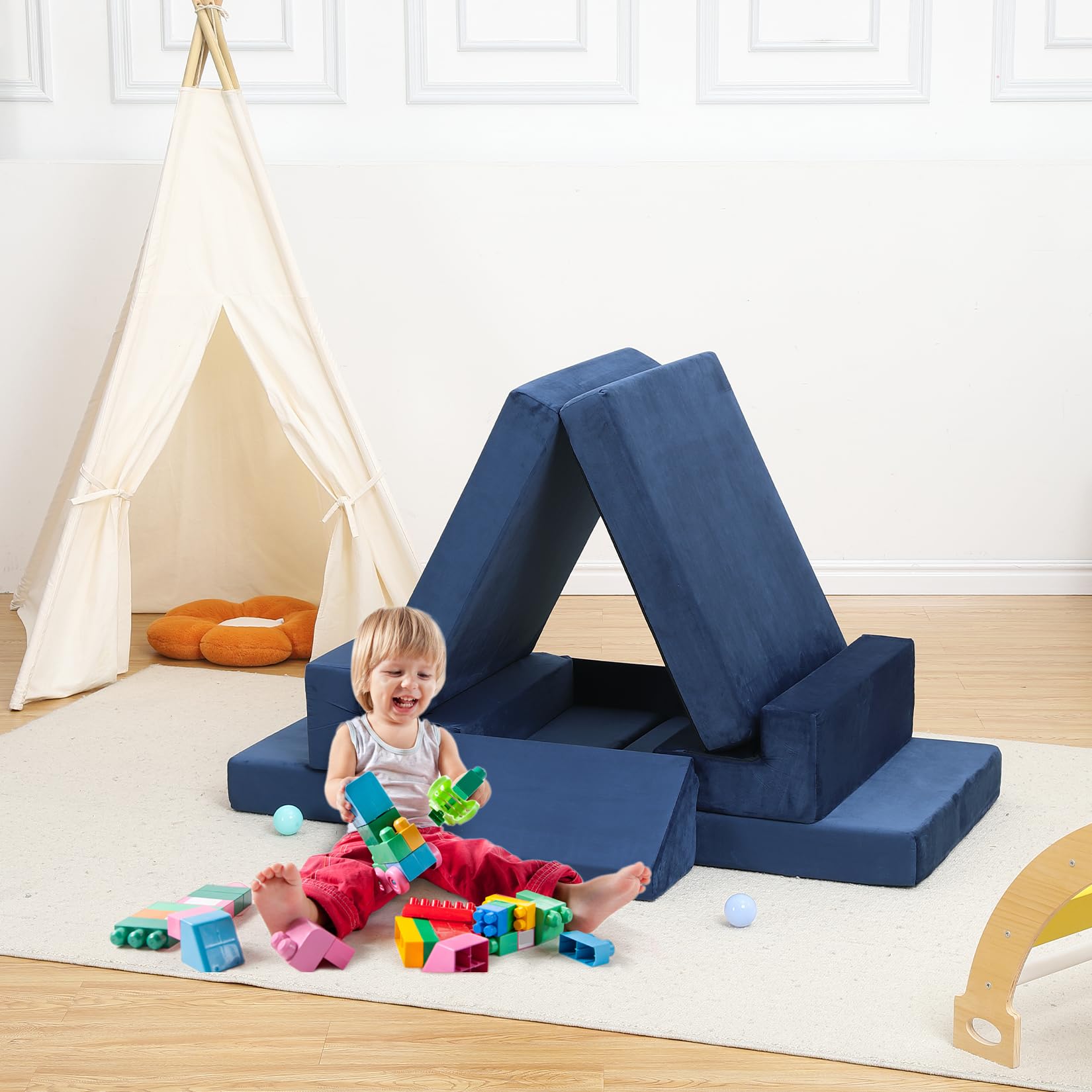 Canapé de Jeu modulable Enfant 8 pièces en Mousse Haute densité - Convertible - Housses Amovibles lavables - pour Chambre/Salle de Jeux/Salon - Bleu foncé - Couleur : Bleu Marine