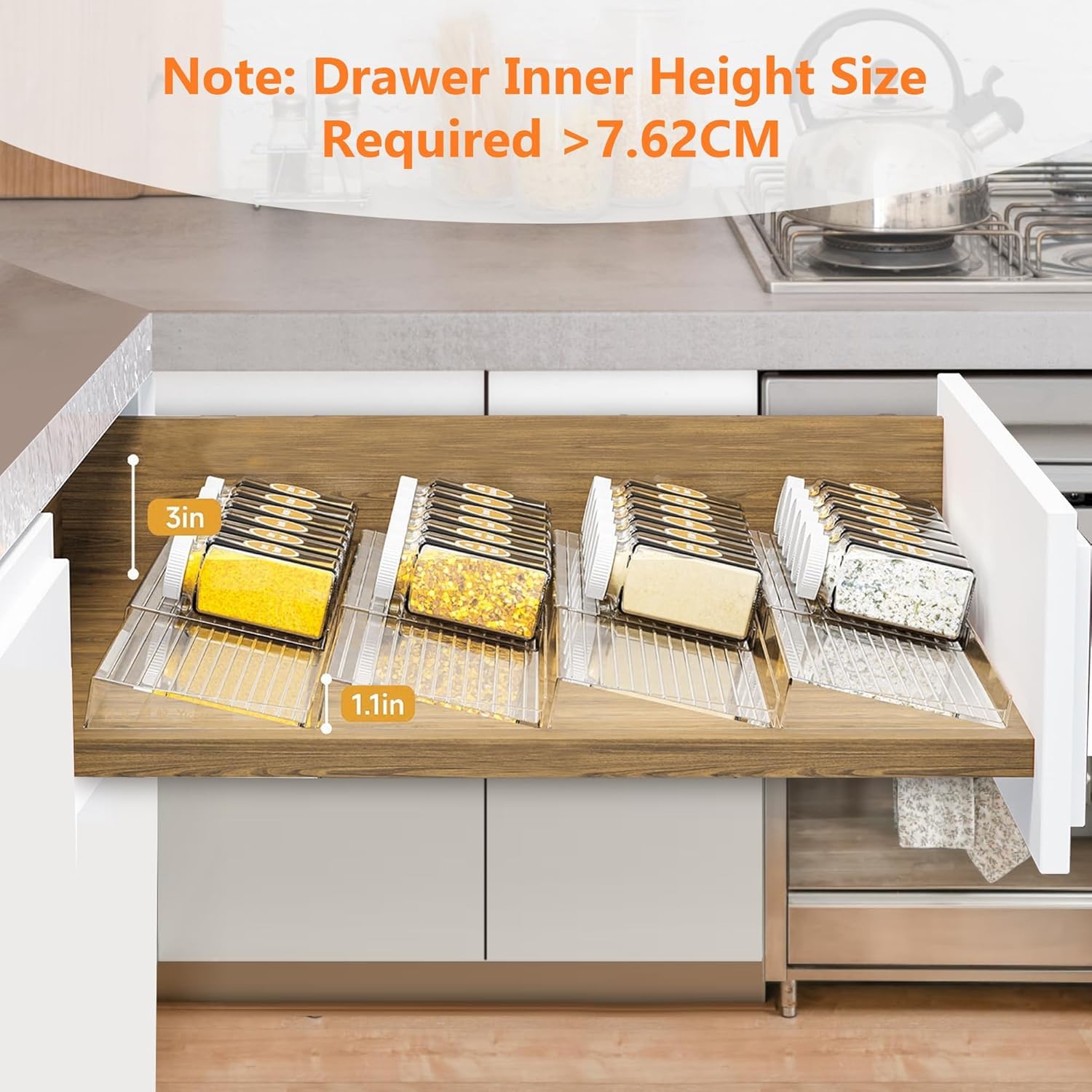 VBM Spice Rack Drawer Organizer Acrylic Transparent Expandable Spice Drawer Inserts, Adjustable 4 Tier Clear Seasoning Tray for Kitchen Cabinet, Countertop, Drawer Storage, Spice Organizer Rack 1