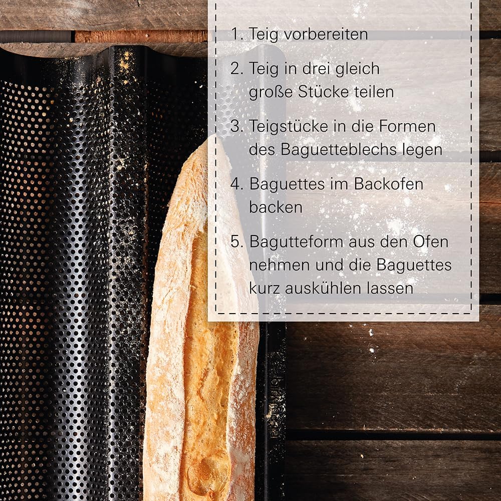 Birkmann, Bread Buddies, Baguette Tray, Perforated Baguette Mould Made of Carbon Steel for 3 Baguettes with Non-Stick Coating and Recipe Idea, 331006