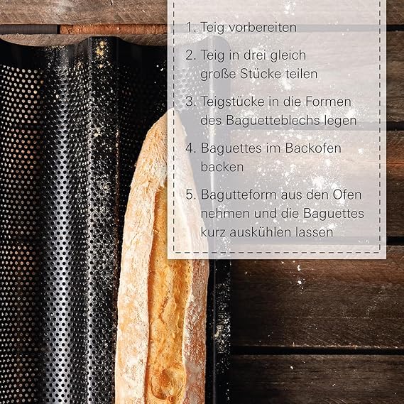 Birkmann, Bread Buddies, Baguette Tray, Perforated Baguette Mould Made of Carbon Steel for 3 Baguettes with Non-Stick Coating and Recipe Idea, 331006