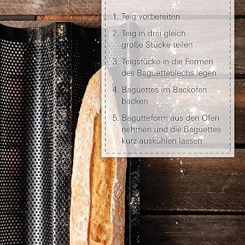 Birkmann, Bread Buddies, Baguette Tray, Perforated Baguette Mould Made of Carbon Steel for 3 Baguettes with Non-Stick Coating and Recipe Idea, 331006