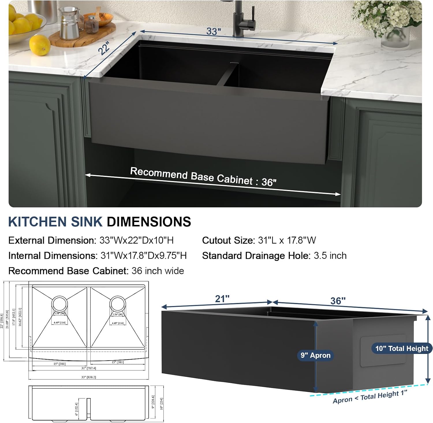 Lordear Matte Black Double Bowl Farmhouse Kitchen Sink 33 Inch Apront Front | 1