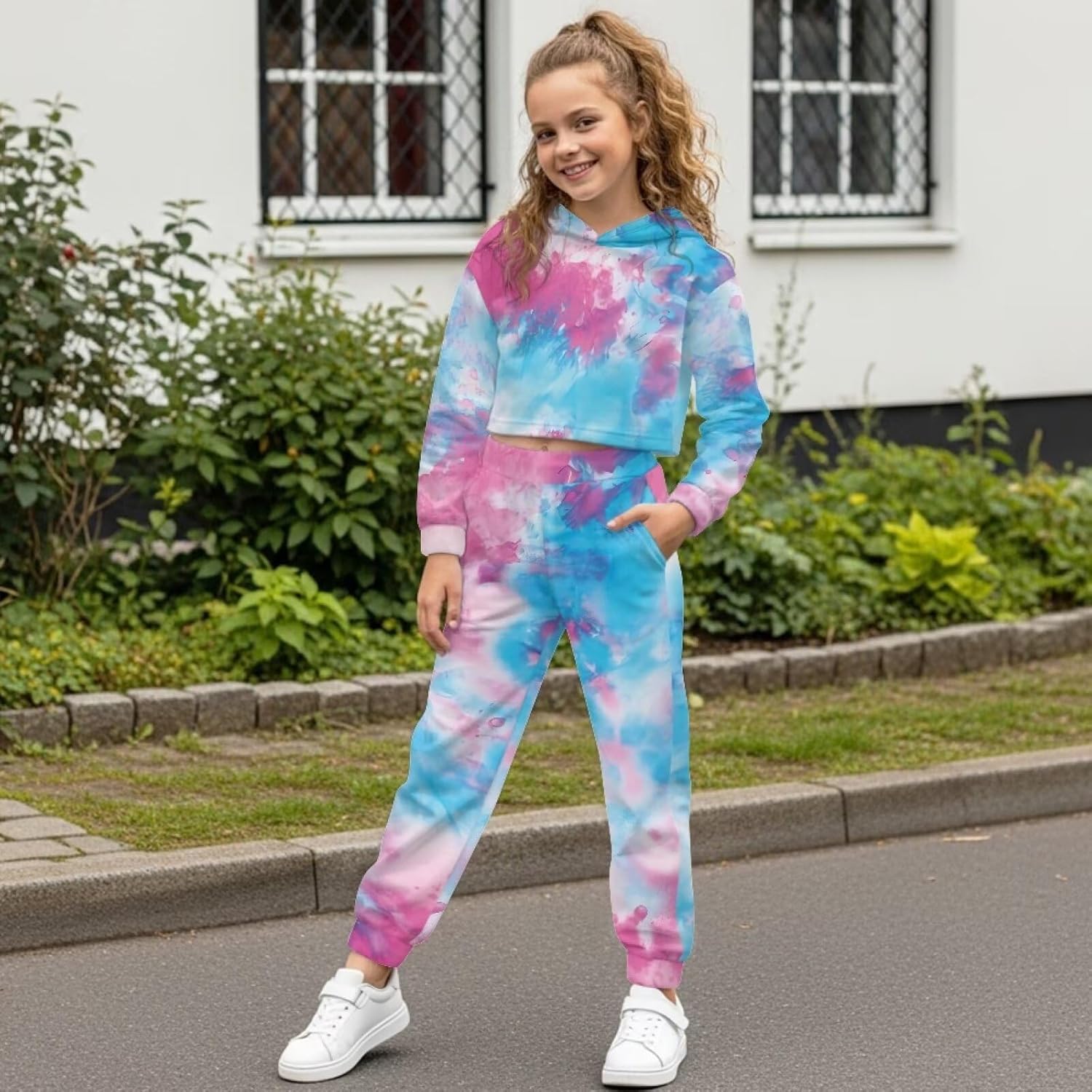 Rnyleeg Fashion Girls Crop Tops Hoodies 4-13Y Long Sleeve Clothing Sets 2 Piece Outfit Sweatsuits Fall Winter Matching Sets