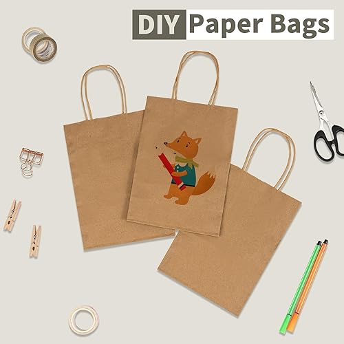 Miniatura 5 de Paquete de 100 bolsas de regalo de papel kraft marrón de 5.8 x 3.2 x 8.25 pulgadas con asas, bolsas naturales pequeñas y lisas a granel para