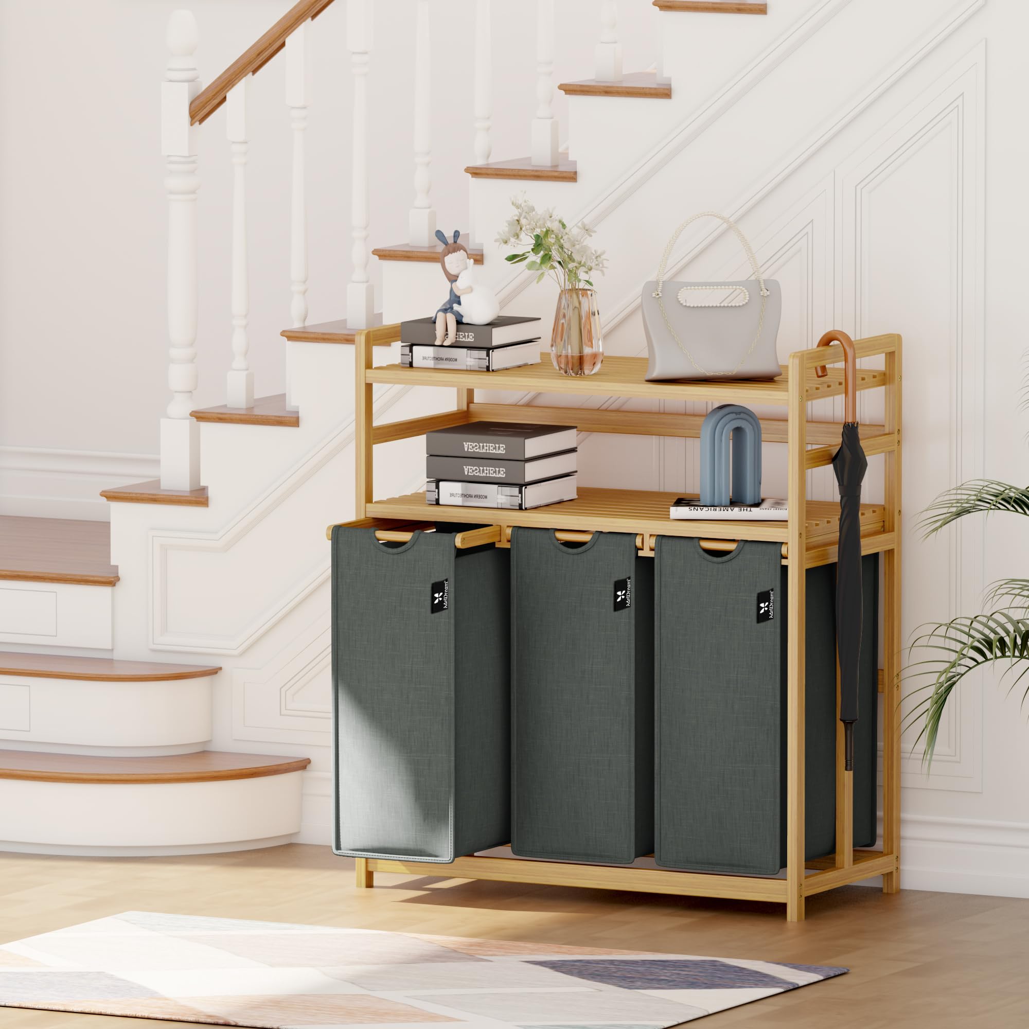 AdelDream Cesta para la Ropa 150L 3 Compartimentos 2 Estantes Bolsa para la Ropa Extensible y Desmontable Cestos para la Ropa con Estructura de Bambú Gran capacidad Gris