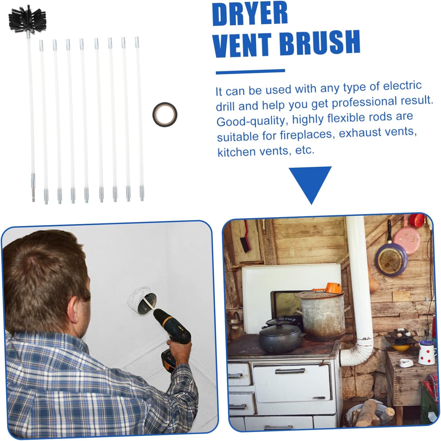 1set Chimney Cleaning Brush Flexible Rod and Dryer Vent Brush Kit for Efficient Fireplace Cleaning Easy Assembly Materials Includes Accessories for Lint Removal